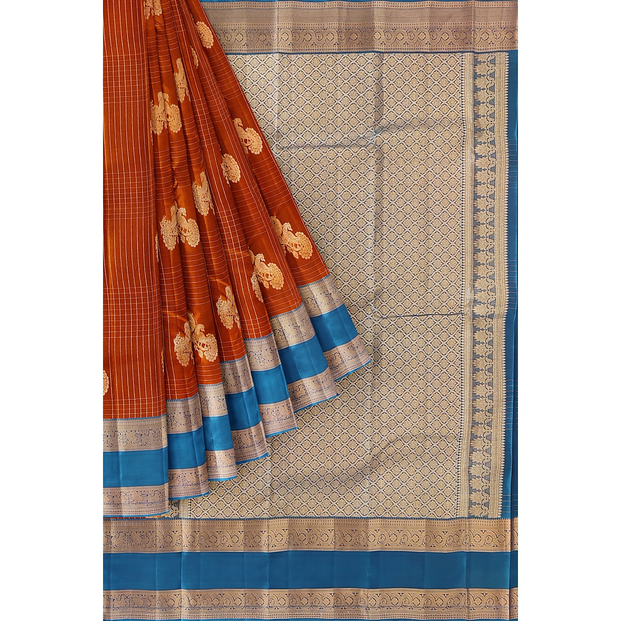 Brick Brown Semi Kanchi Saree with Rama Blue Bentex Border – A Fusion of Tradition and Sophistication - New Sudarshan Silks`