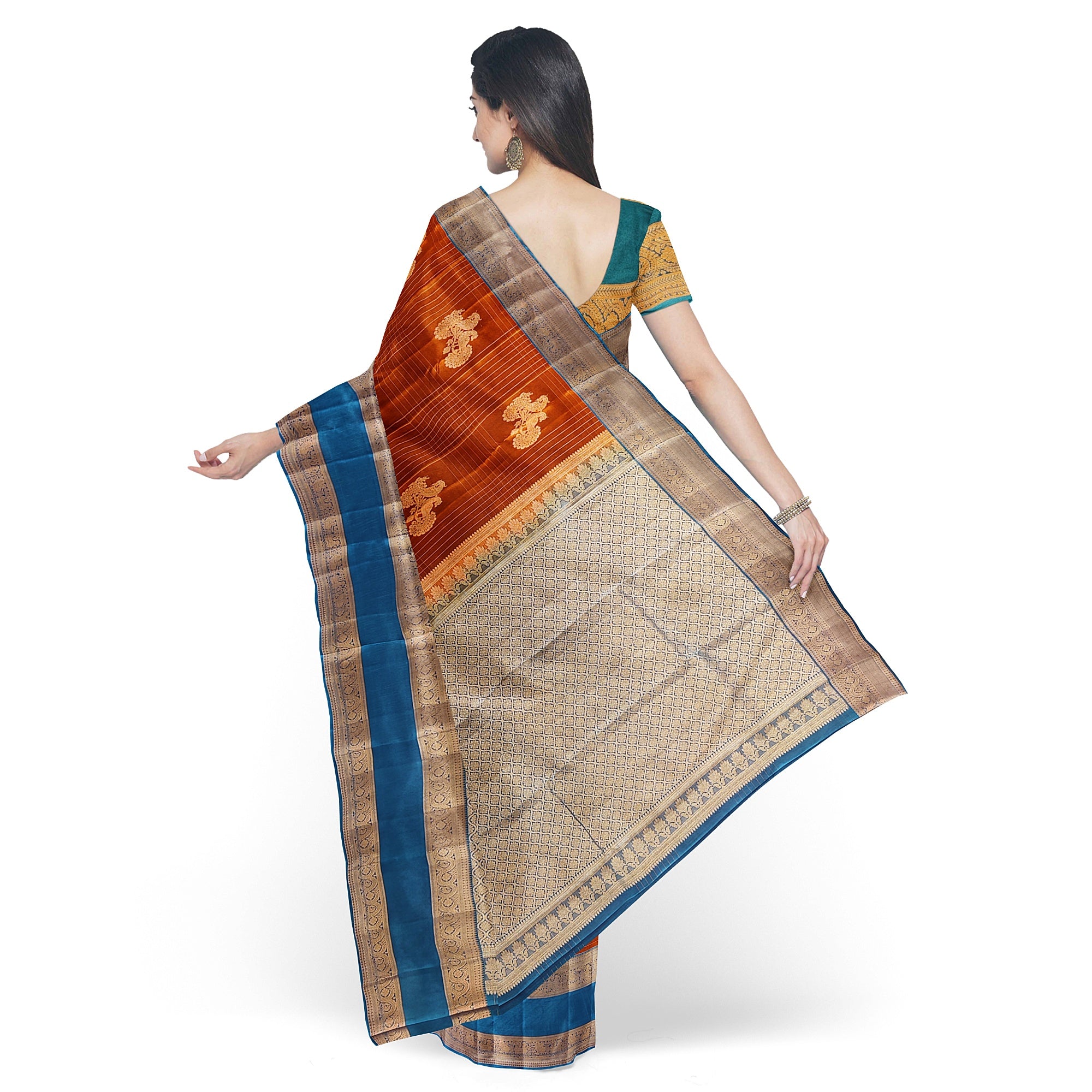 Brick Brown Semi Kanchi Saree with Rama Blue Bentex Border – A Fusion of Tradition and Sophistication - New Sudarshan Silks`