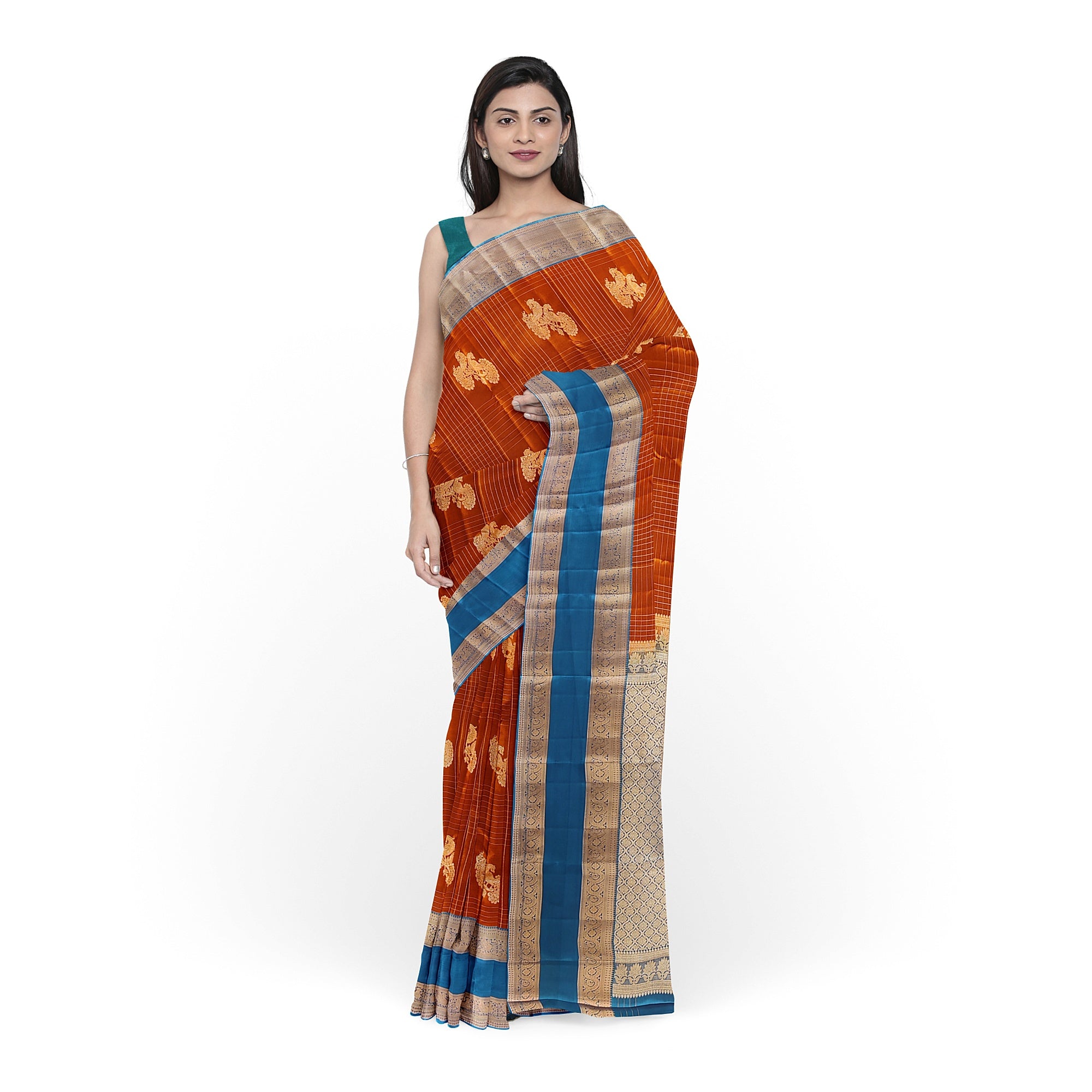 Brick Brown Semi Kanchi Saree with Rama Blue Bentex Border – A Fusion of Tradition and Sophistication - New Sudarshan Silks`