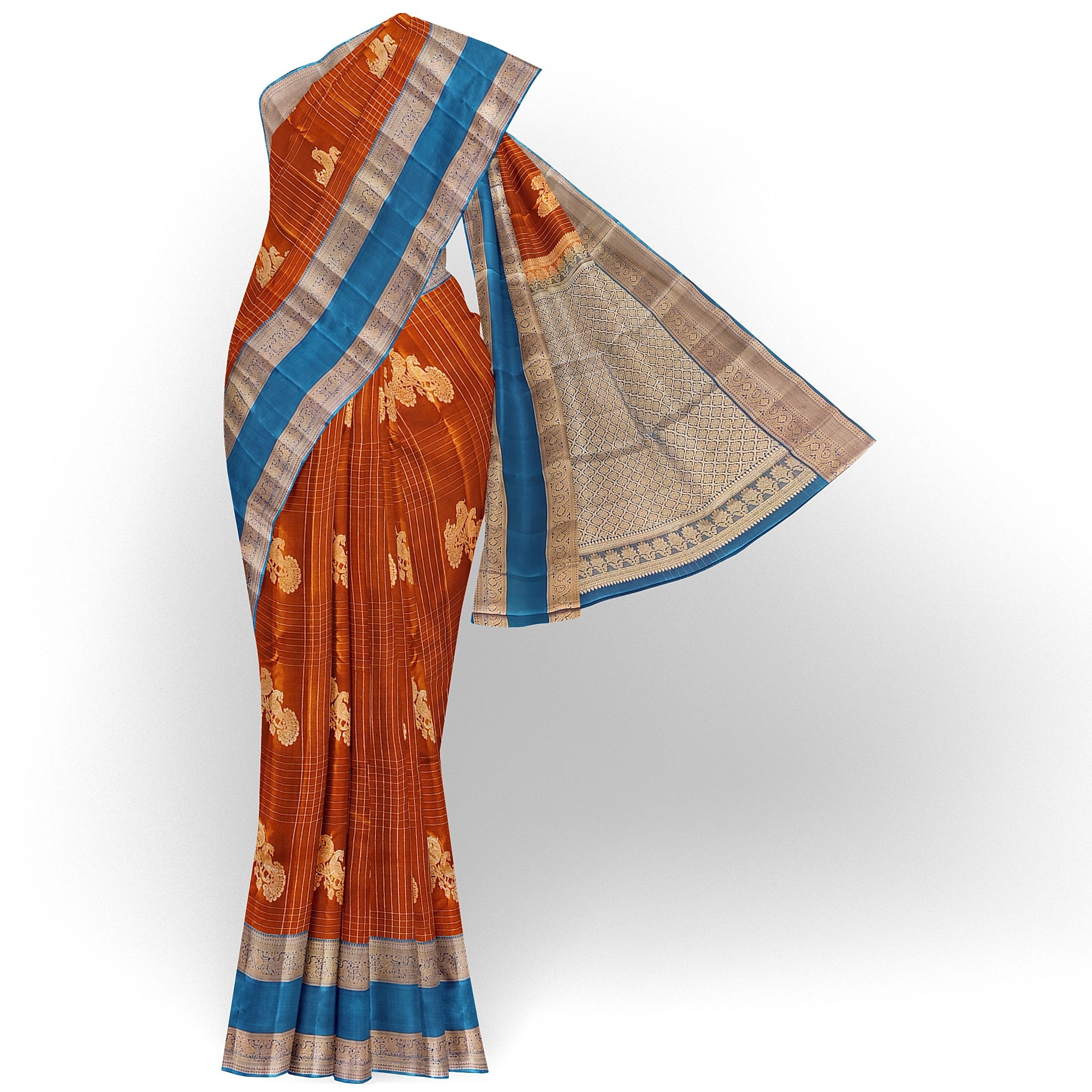 Brick Brown Semi Kanchi Saree with Rama Blue Bentex Border – A Fusion of Tradition and Sophistication - New Sudarshan Silks`