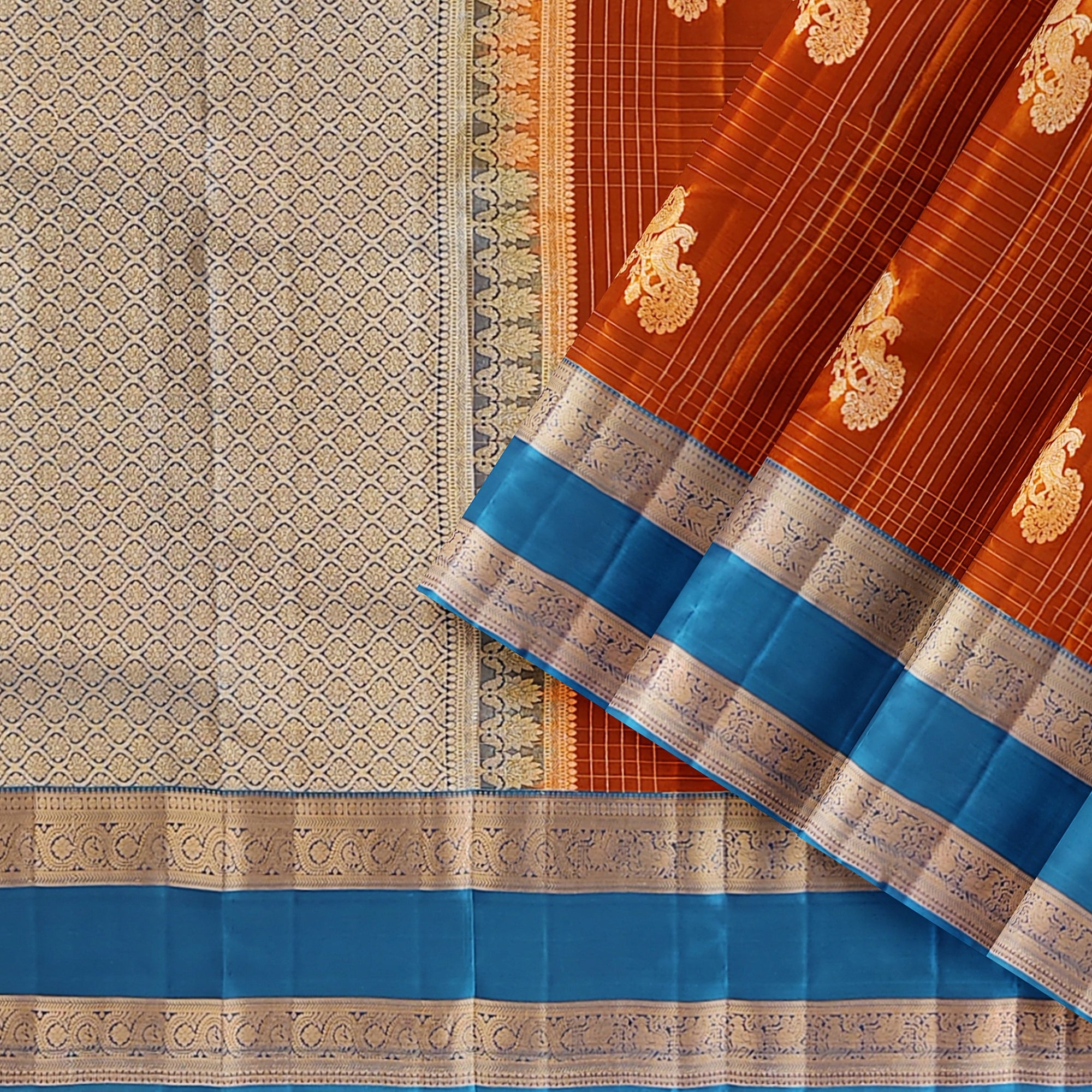 Brick Brown Semi Kanchi Saree with Rama Blue Bentex Border – A Fusion of Tradition and Sophistication - New Sudarshan Silks`