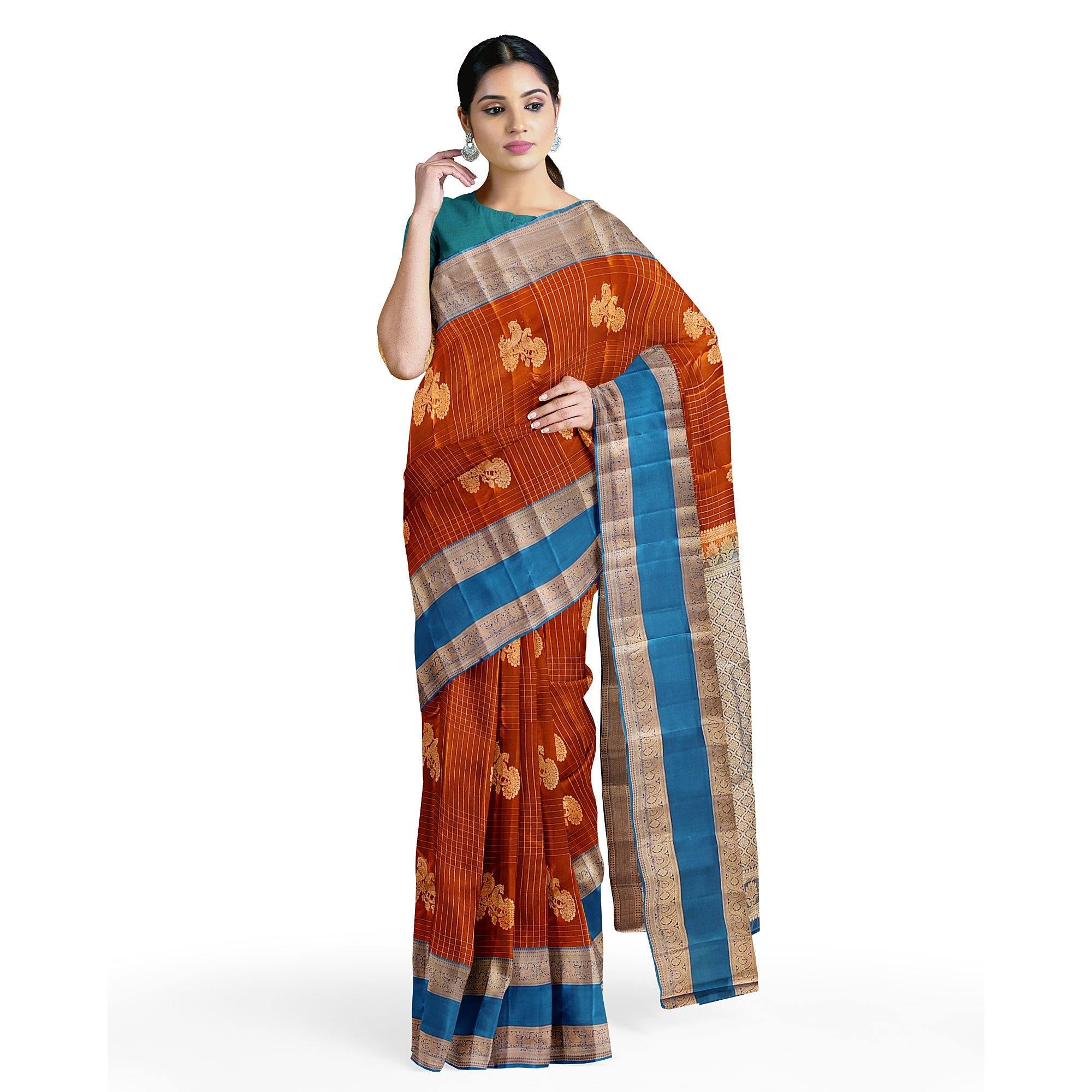 Brick Brown Semi Kanchi Saree with Rama Blue Bentex Border – A Fusion of Tradition and Sophistication - New Sudarshan Silks`