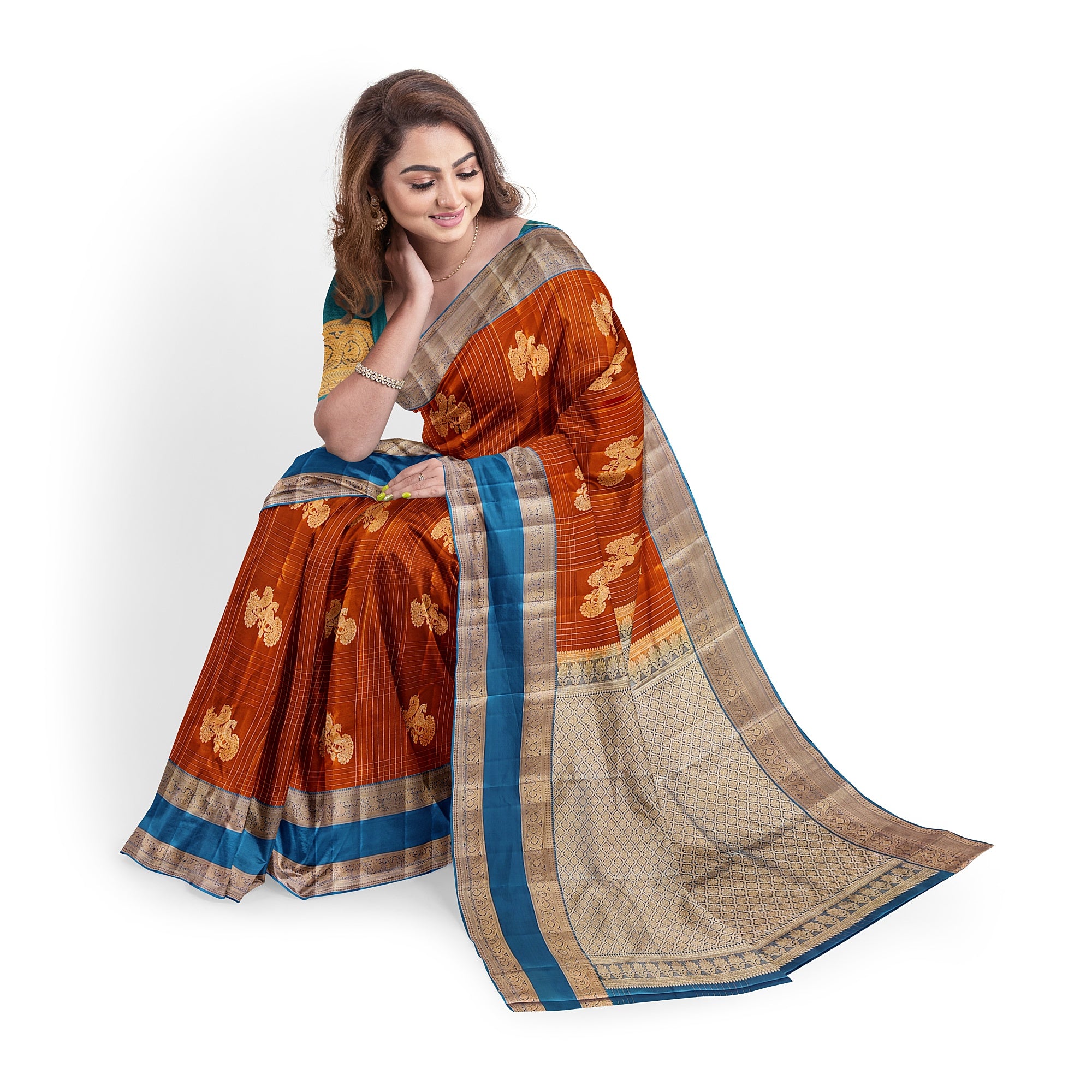 Brick Brown Semi Kanchi Saree with Rama Blue Bentex Border – A Fusion of Tradition and Sophistication - New Sudarshan Silks`