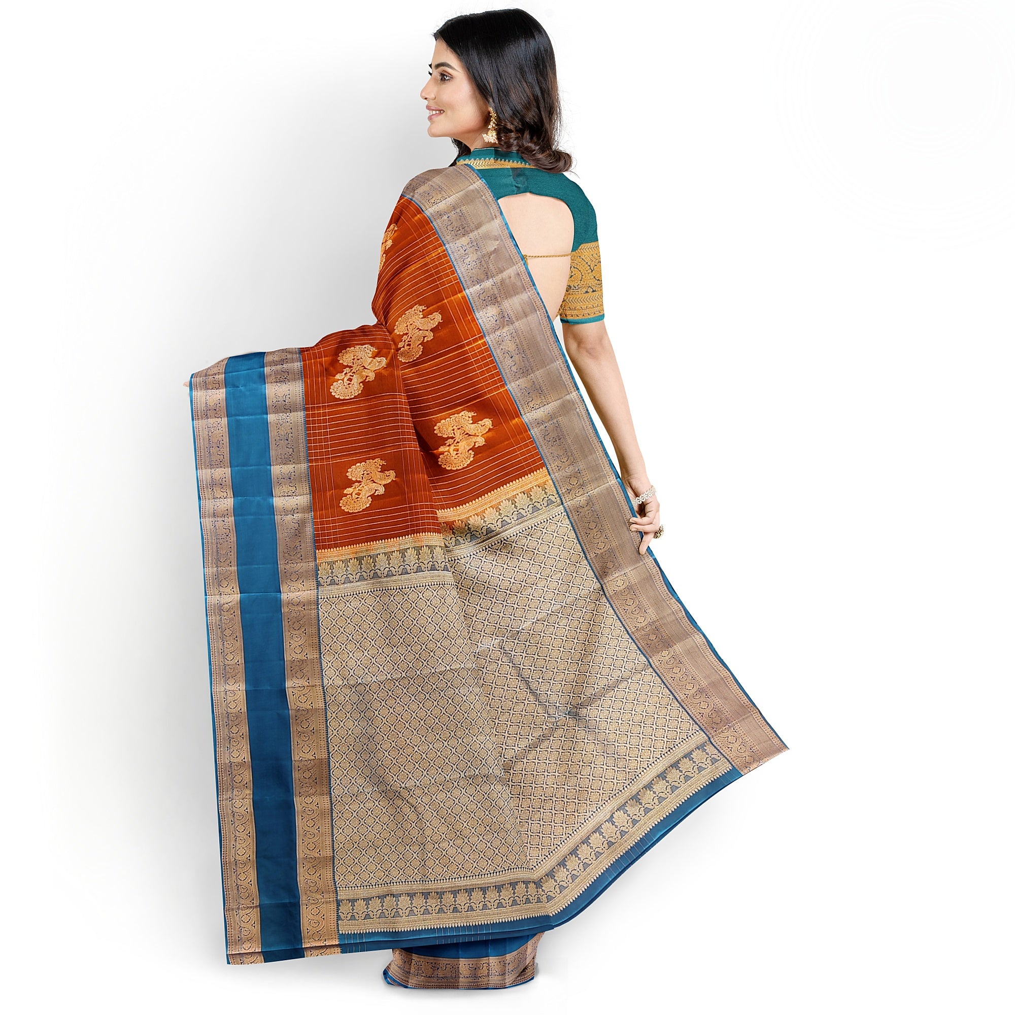 Brick Brown Semi Kanchi Saree with Rama Blue Bentex Border – A Fusion of Tradition and Sophistication - New Sudarshan Silks`