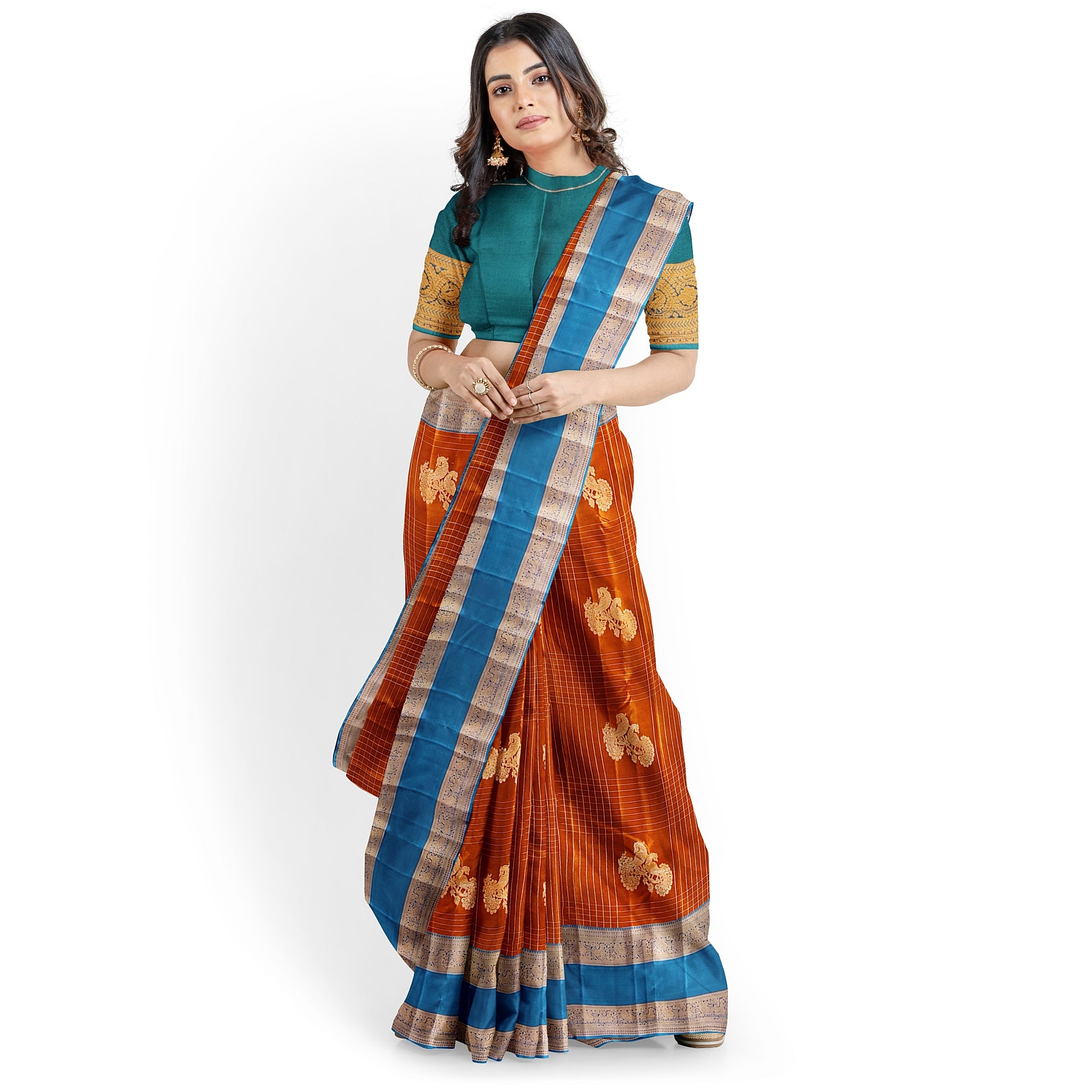 Brick Brown Semi Kanchi Saree with Rama Blue Bentex Border – A Fusion of Tradition and Sophistication - New Sudarshan Silks`