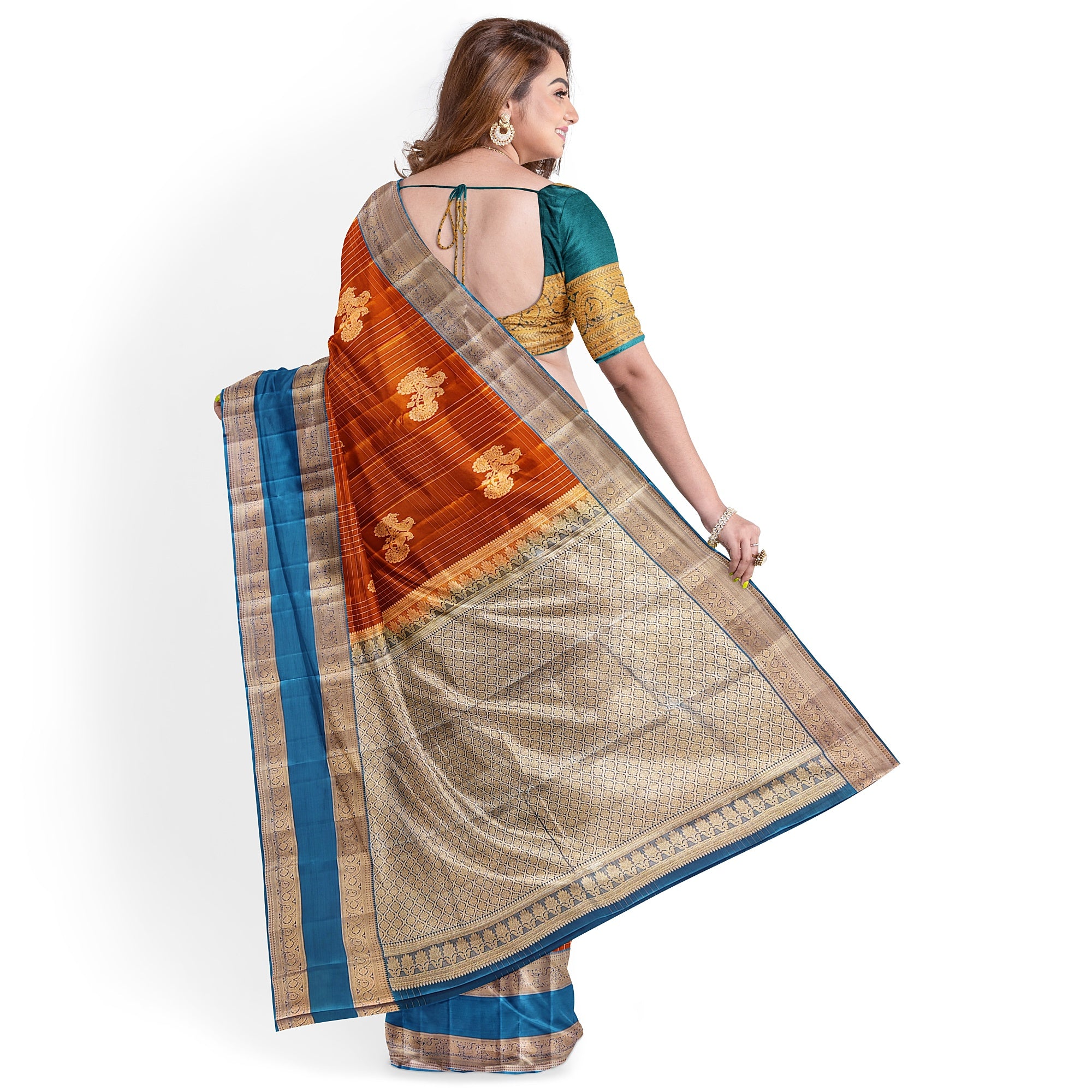 Brick Brown Semi Kanchi Saree with Rama Blue Bentex Border – A Fusion of Tradition and Sophistication - New Sudarshan Silks`