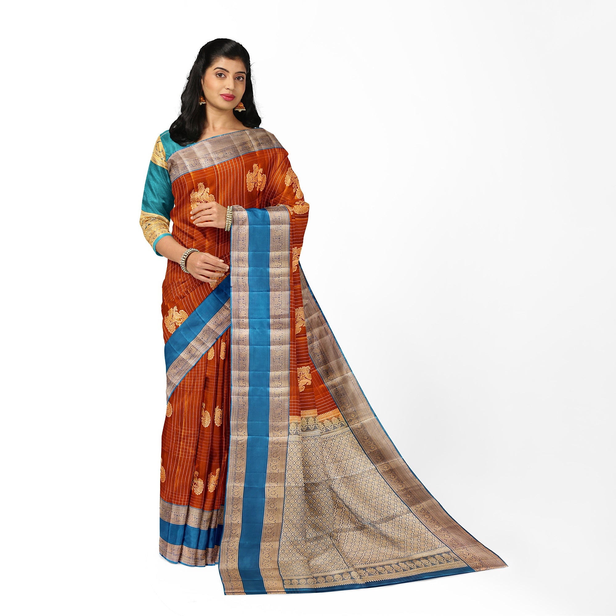 Brick Brown Semi Kanchi Saree with Rama Blue Bentex Border – A Fusion of Tradition and Sophistication - New Sudarshan Silks`