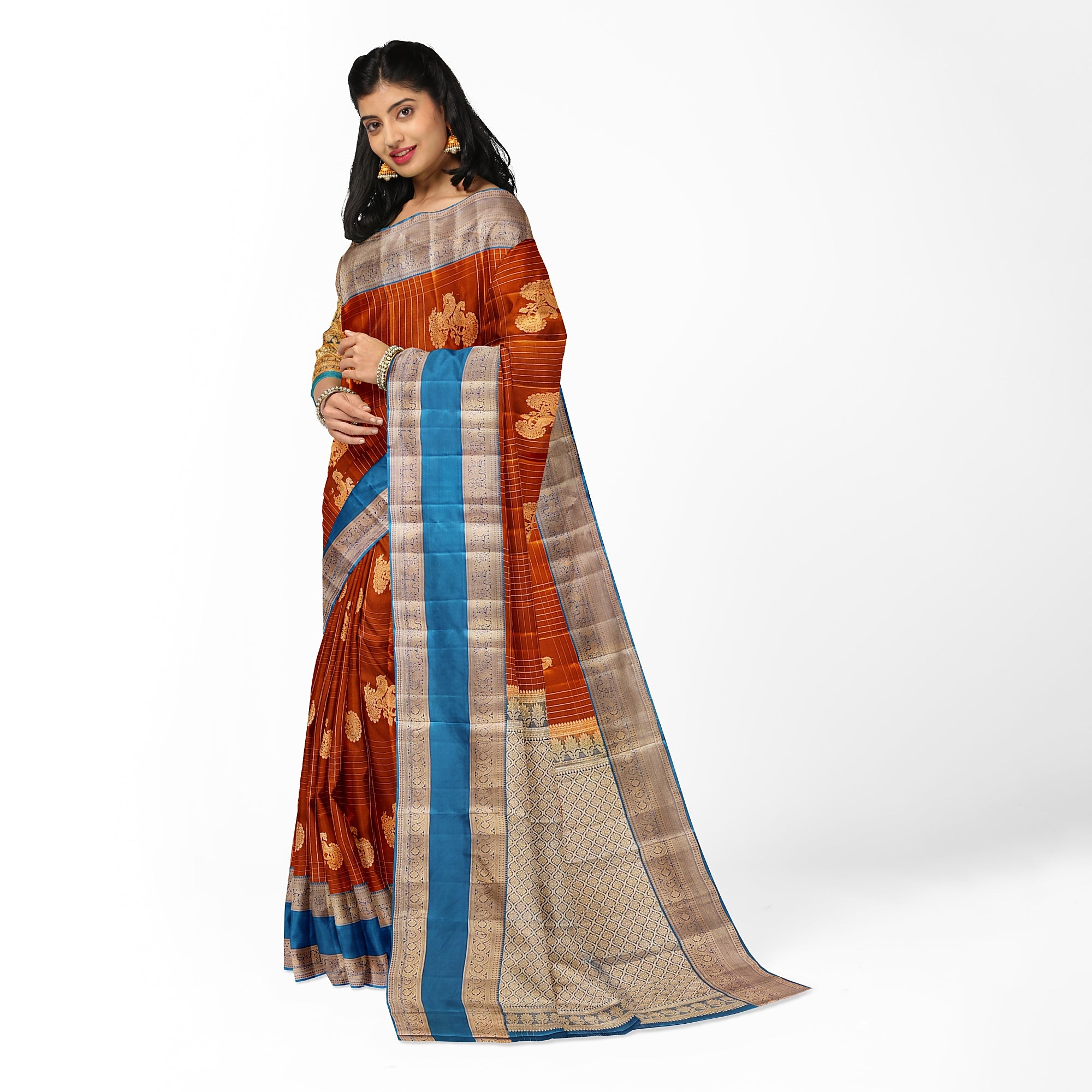 Brick Brown Semi Kanchi Saree with Rama Blue Bentex Border – A Fusion of Tradition and Sophistication - New Sudarshan Silks`