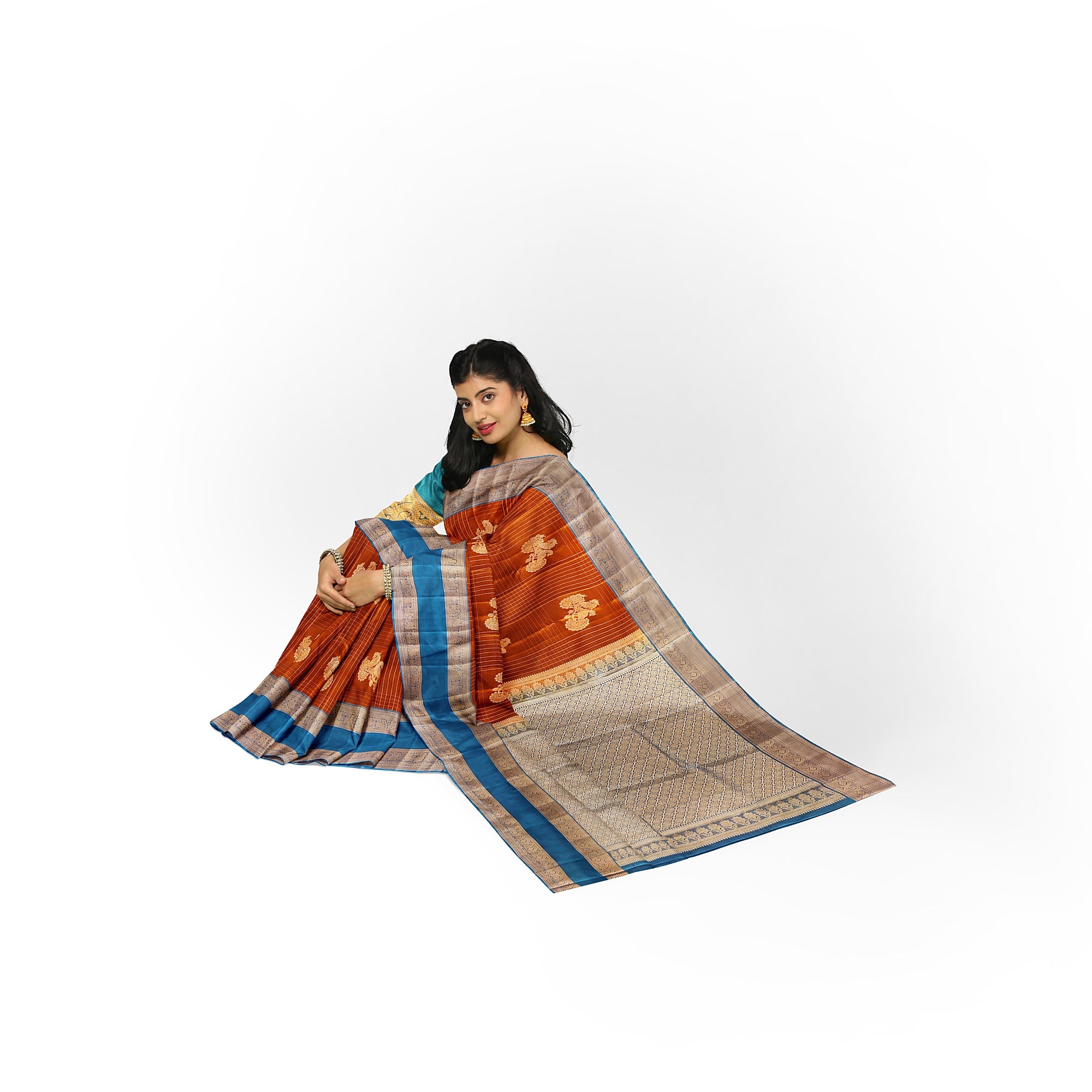 Brick Brown Semi Kanchi Saree with Rama Blue Bentex Border – A Fusion of Tradition and Sophistication - New Sudarshan Silks`