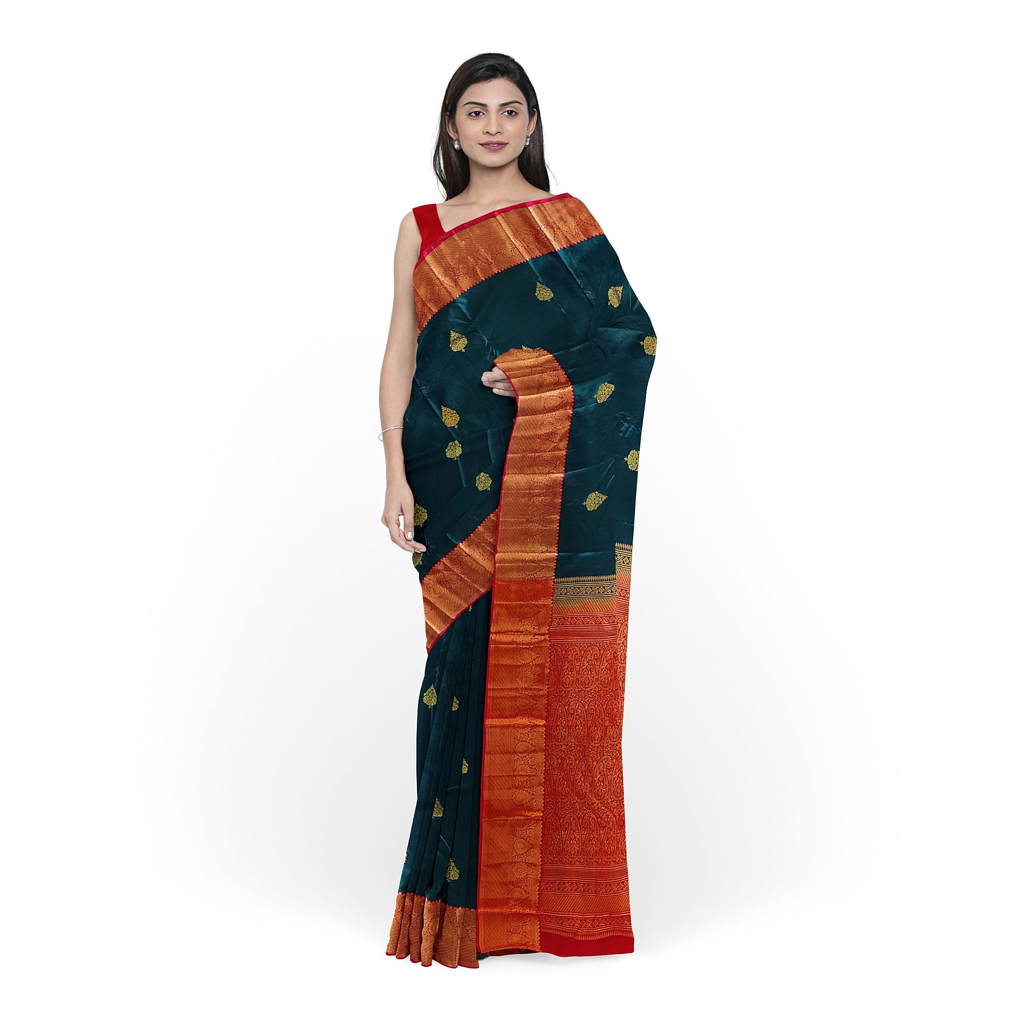 Bottle Green Semi Silk Saree with Red Border – Traditional Charm and Grace - New Sudarshan Silks`