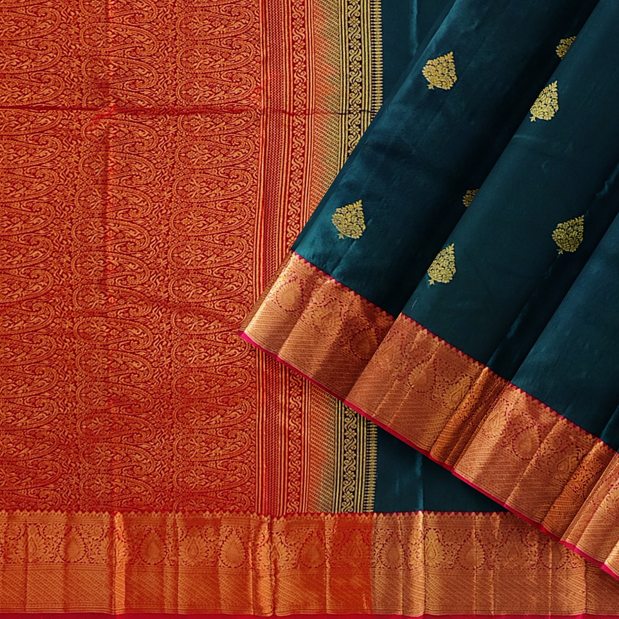 Bottle Green Semi Silk Saree with Red Border – Traditional Charm and Grace - New Sudarshan Silks`