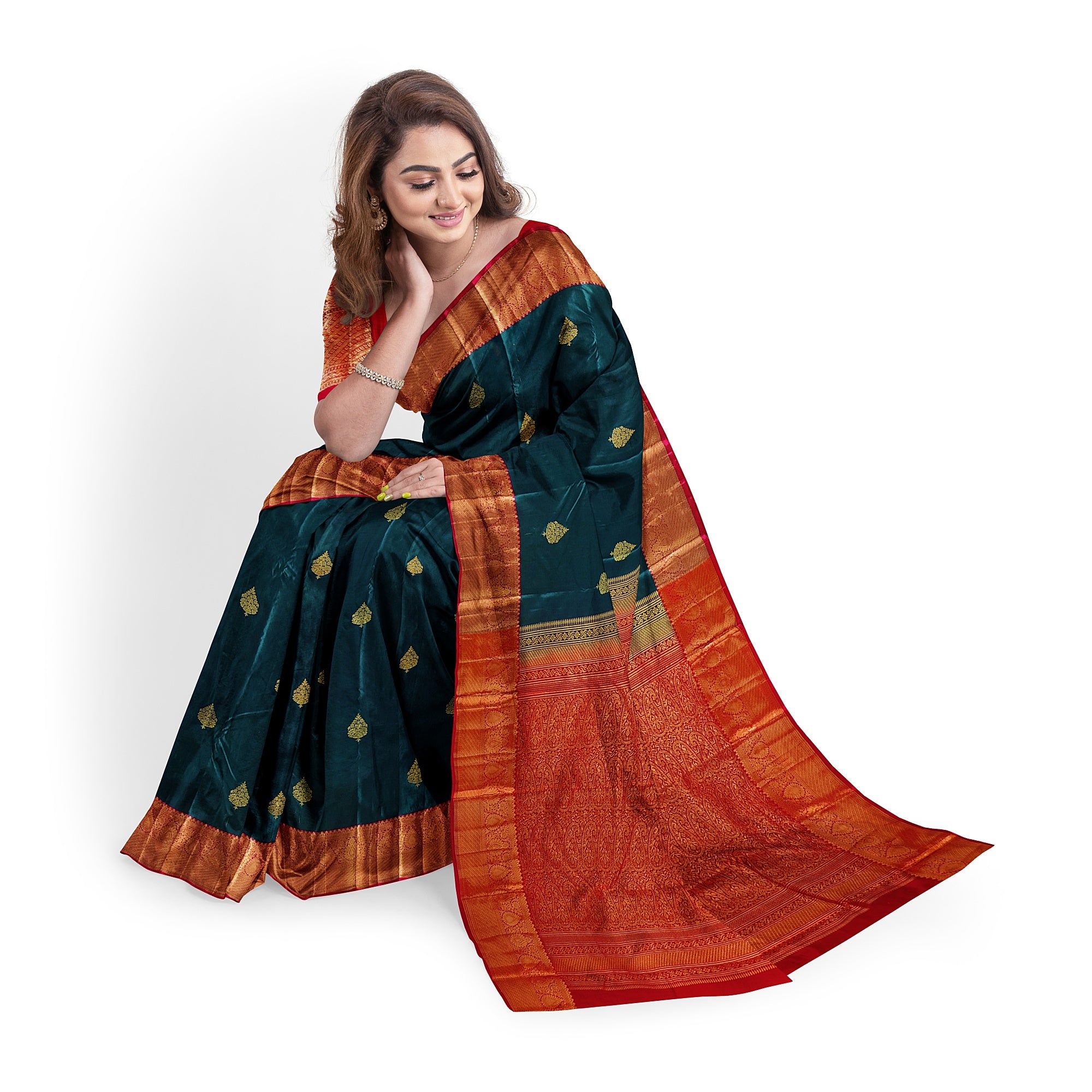 Bottle Green Semi Silk Saree with Red Border – Traditional Charm and Grace - New Sudarshan Silks`