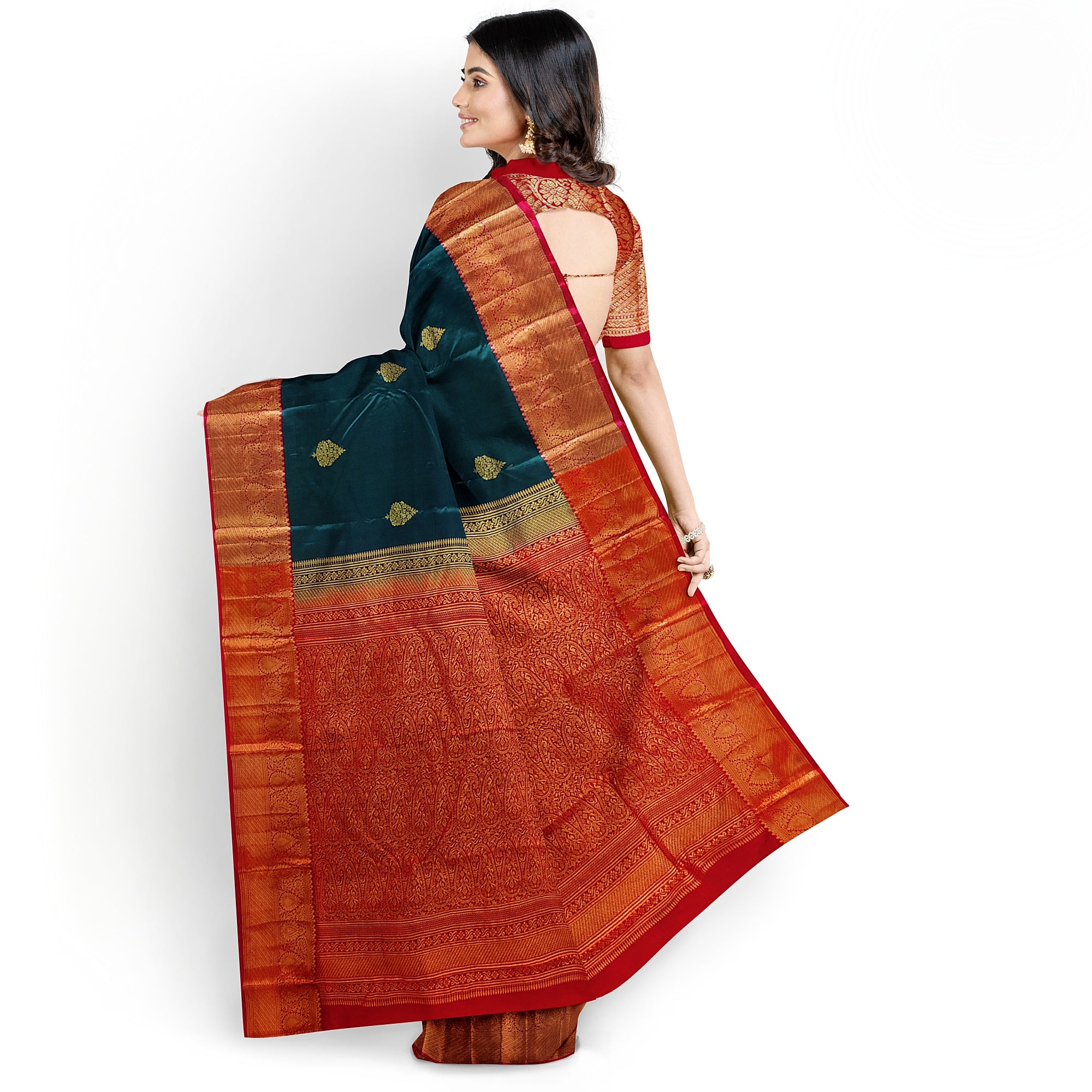 Bottle Green Semi Silk Saree with Red Border – Traditional Charm and Grace - New Sudarshan Silks`