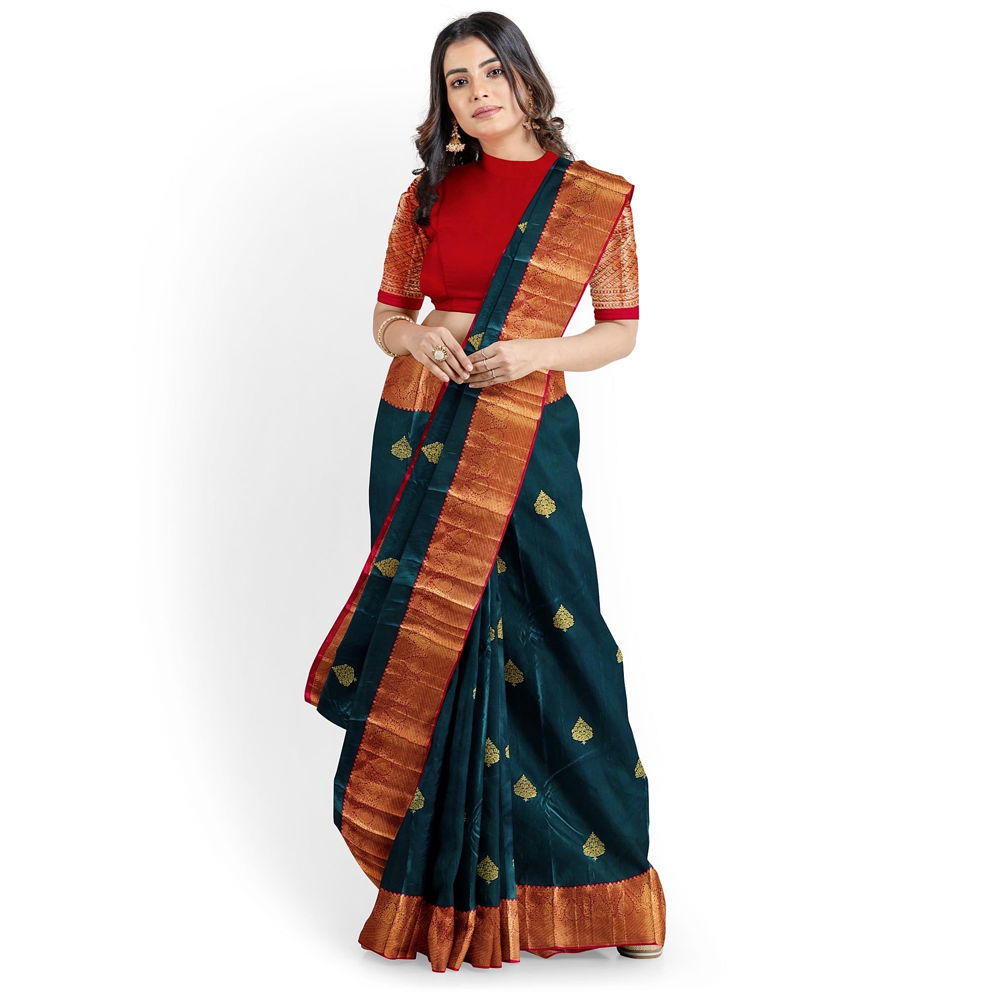 Bottle Green Semi Silk Saree with Red Border – Traditional Charm and Grace - New Sudarshan Silks`