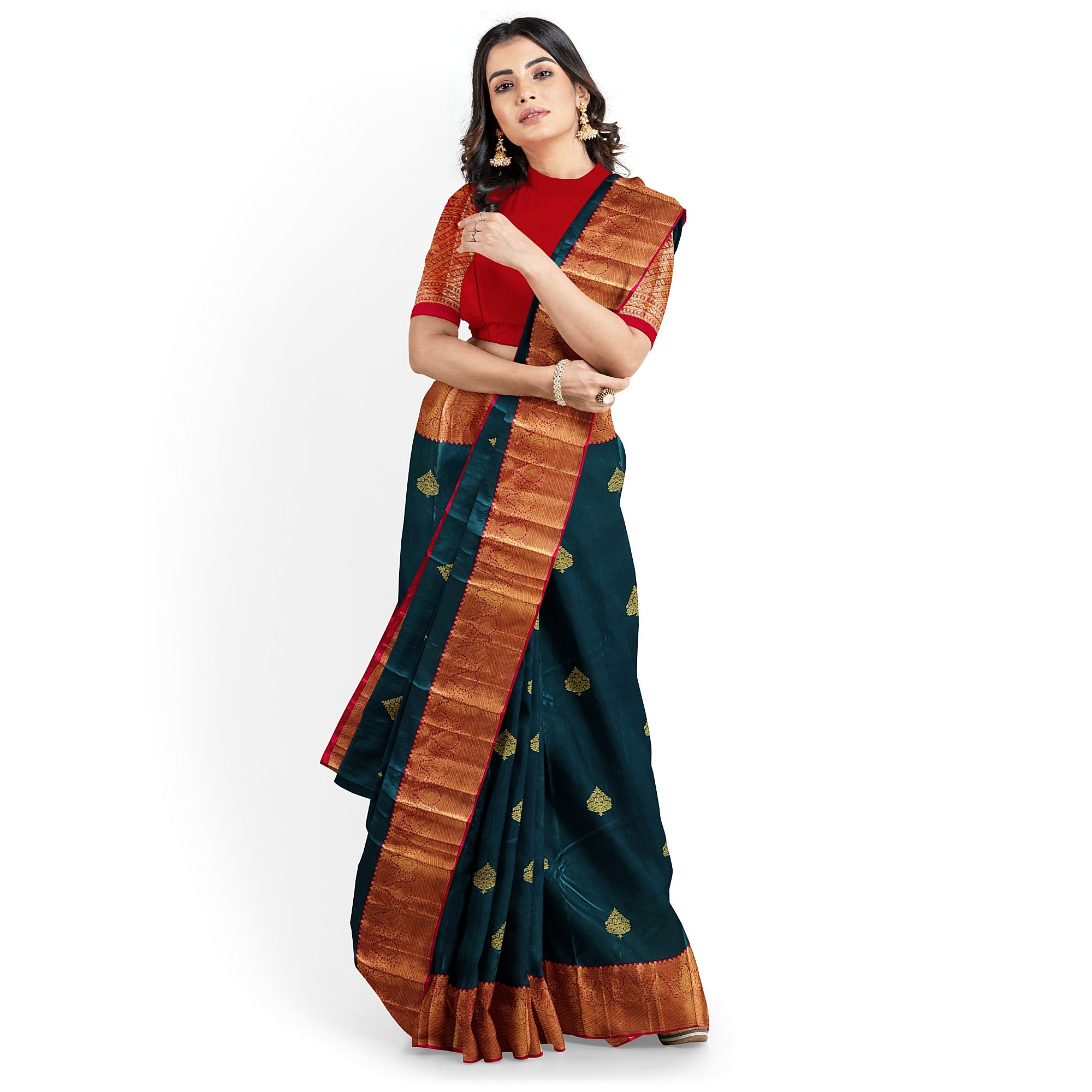 Bottle Green Semi Silk Saree with Red Border – Traditional Charm and Grace - New Sudarshan Silks`