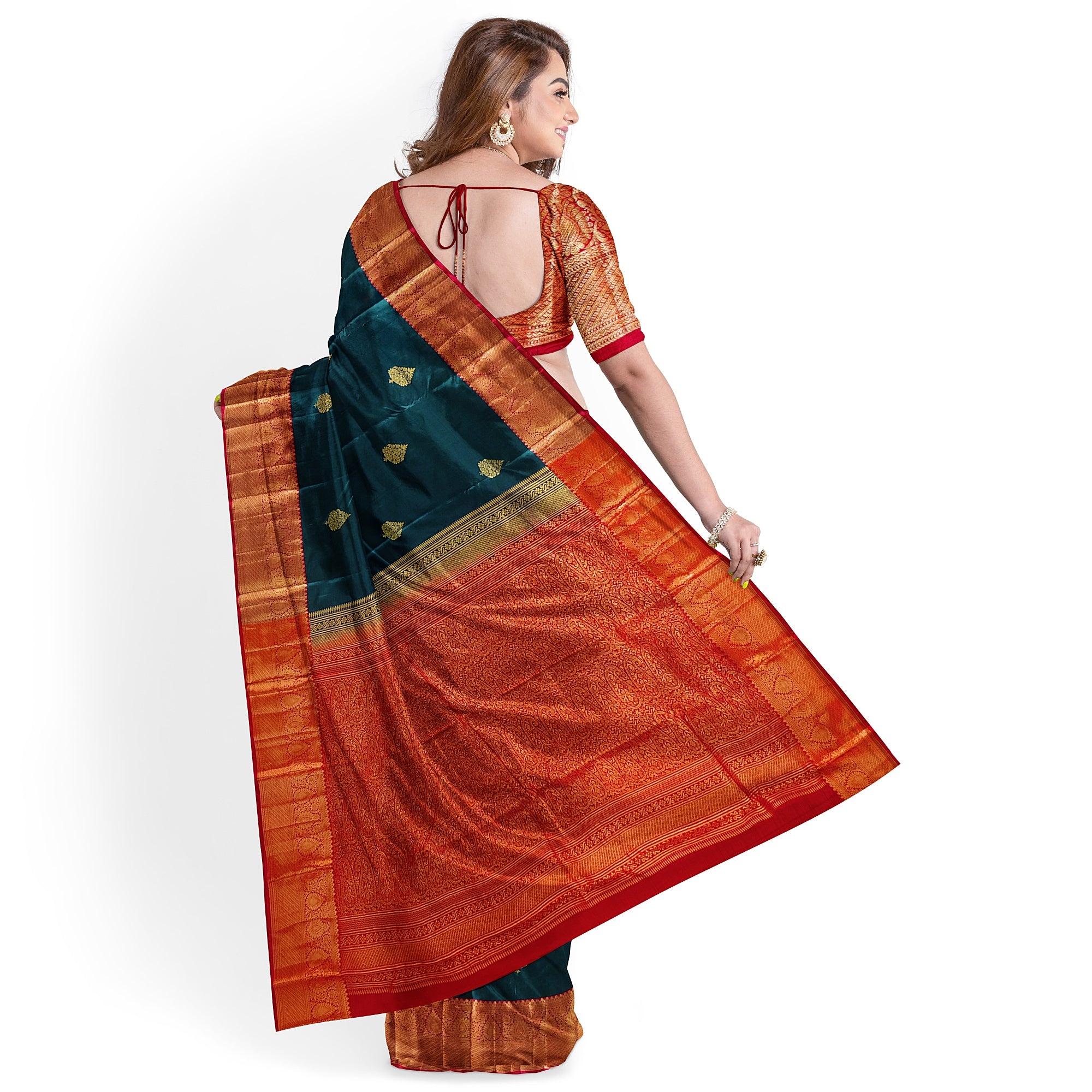 Bottle Green Semi Silk Saree with Red Border – Traditional Charm and Grace - New Sudarshan Silks`
