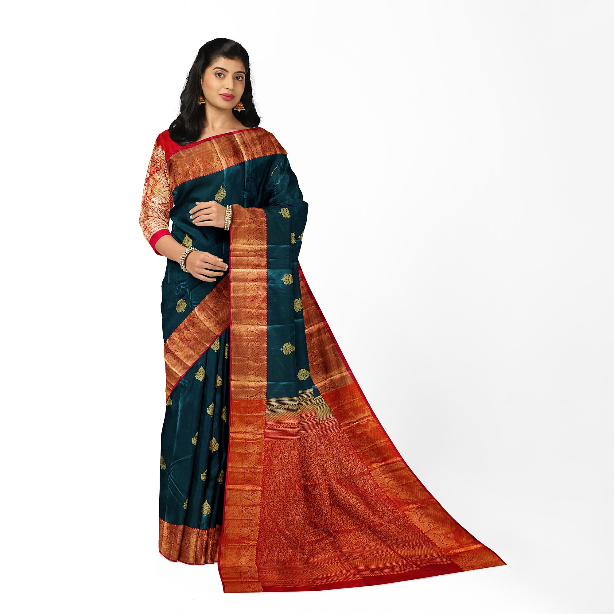 Bottle Green Semi Silk Saree with Red Border – Traditional Charm and Grace - New Sudarshan Silks`