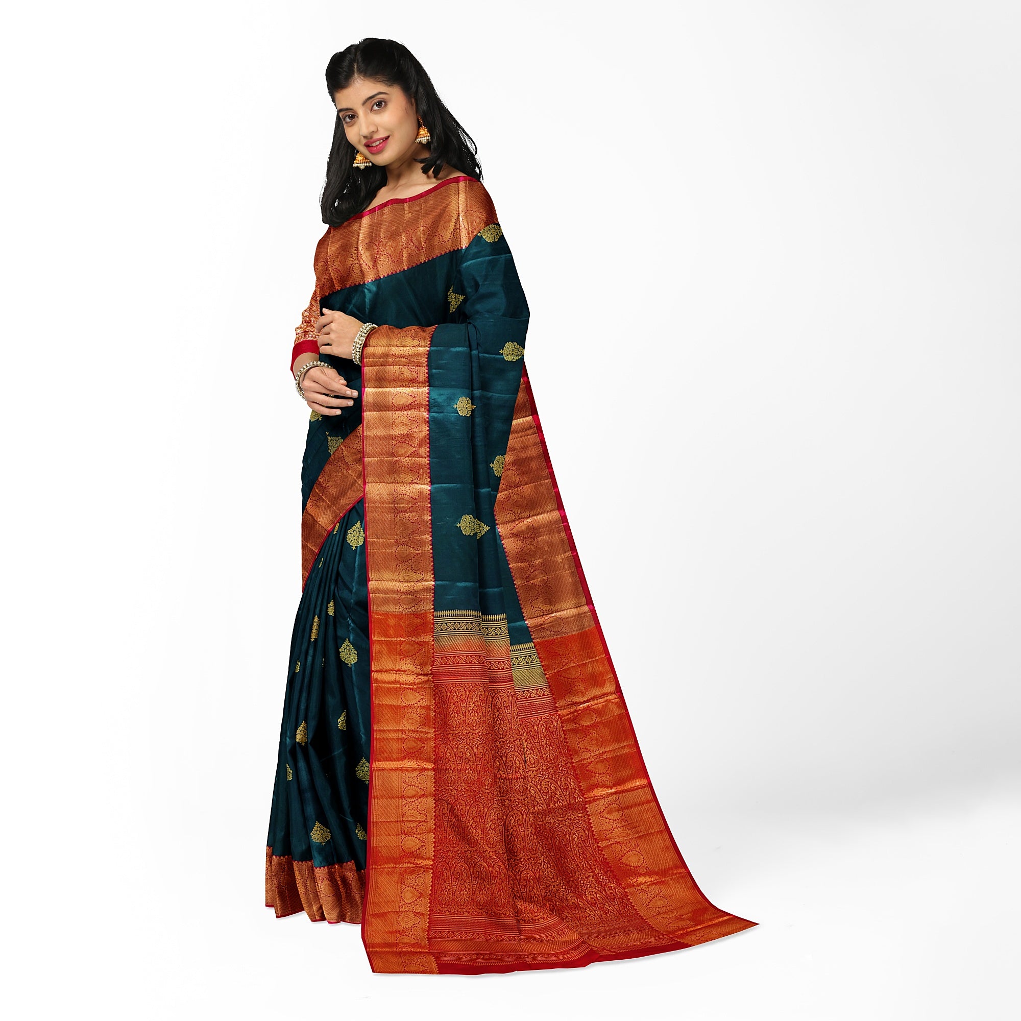 Bottle Green Semi Silk Saree with Red Border – Traditional Charm and Grace - New Sudarshan Silks`