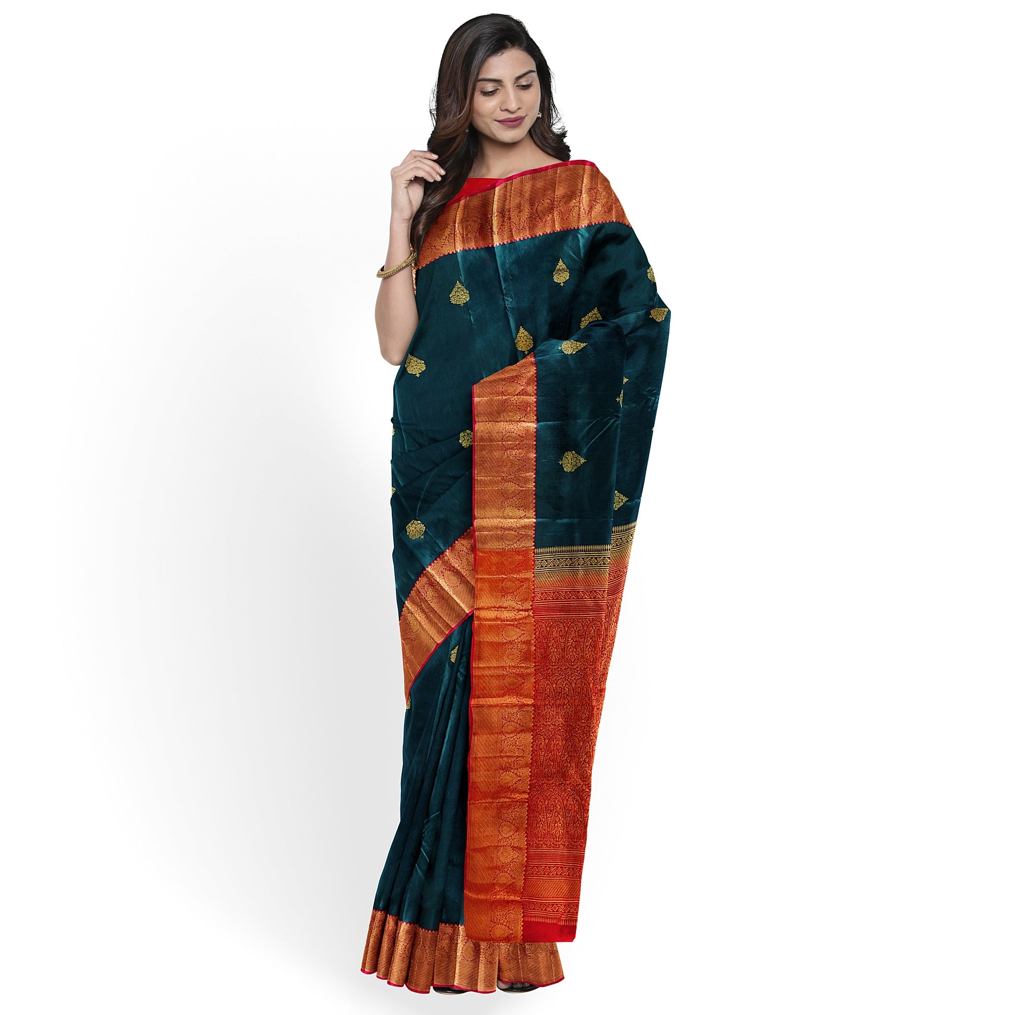 Bottle Green Semi Silk Saree with Red Border – Traditional Charm and Grace - New Sudarshan Silks`