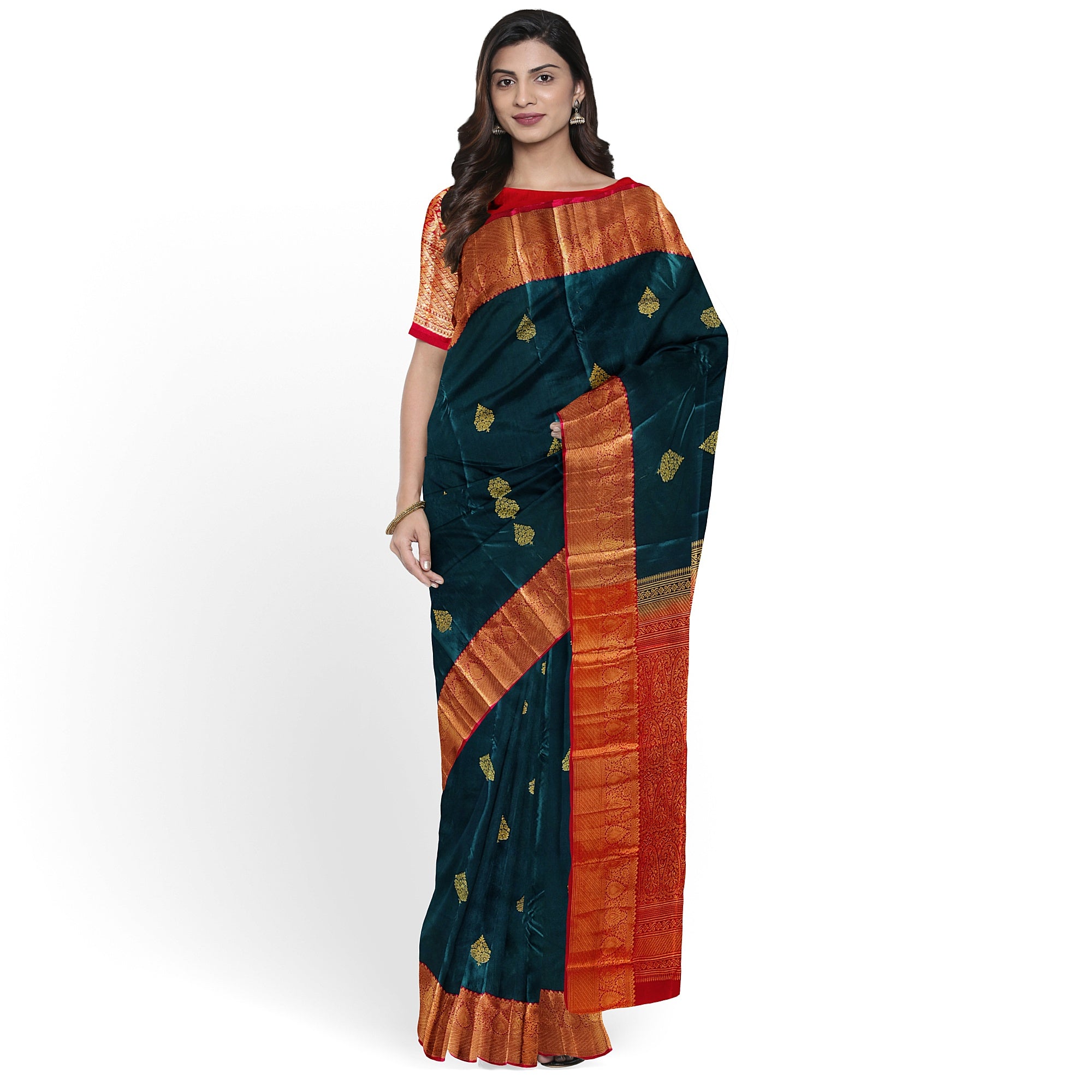 Bottle Green Semi Silk Saree with Red Border – Traditional Charm and Grace - New Sudarshan Silks`