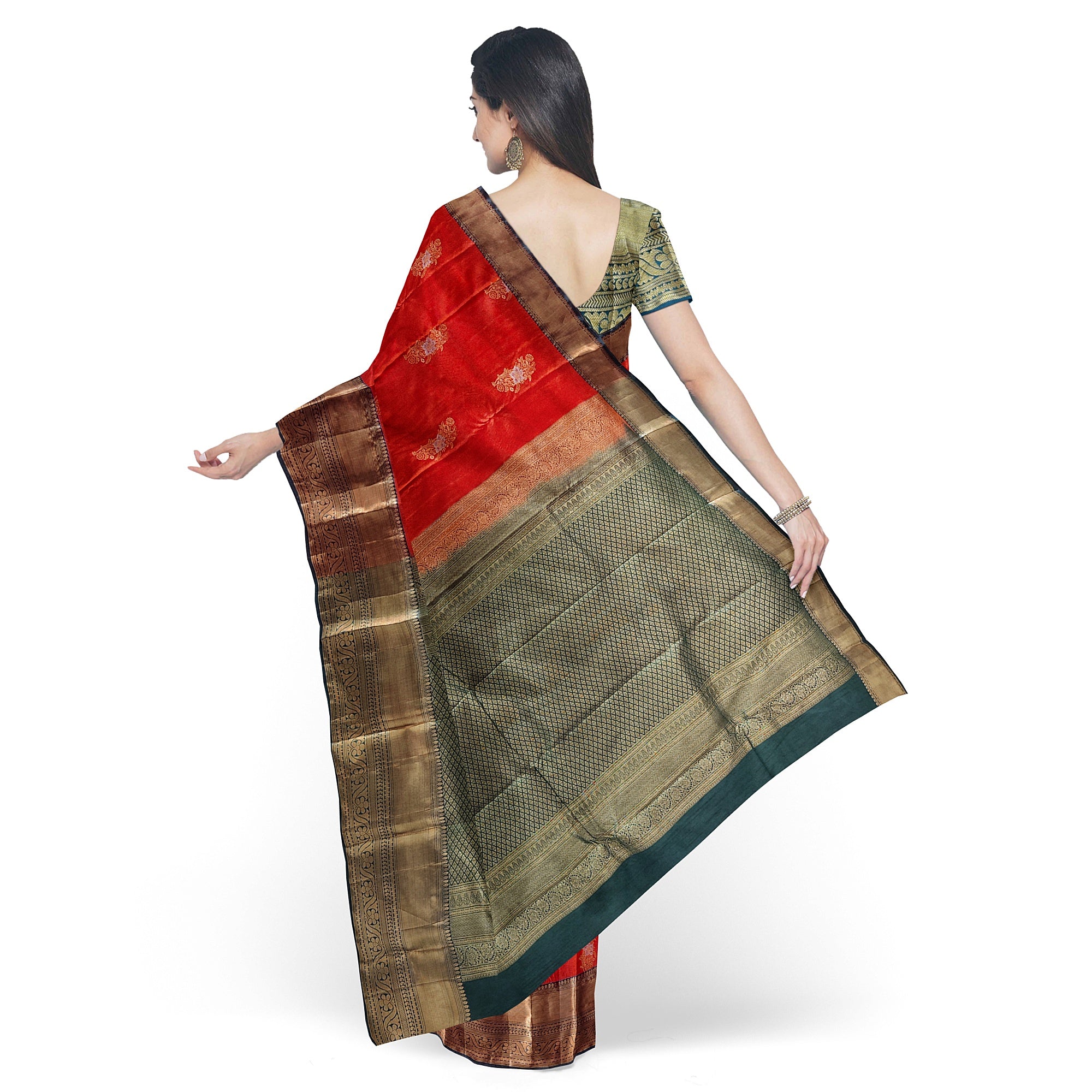 Orange Semi Kanchi Silk Saree with Green Border – A Classic Traditional Delight - New Sudarshan Silks`