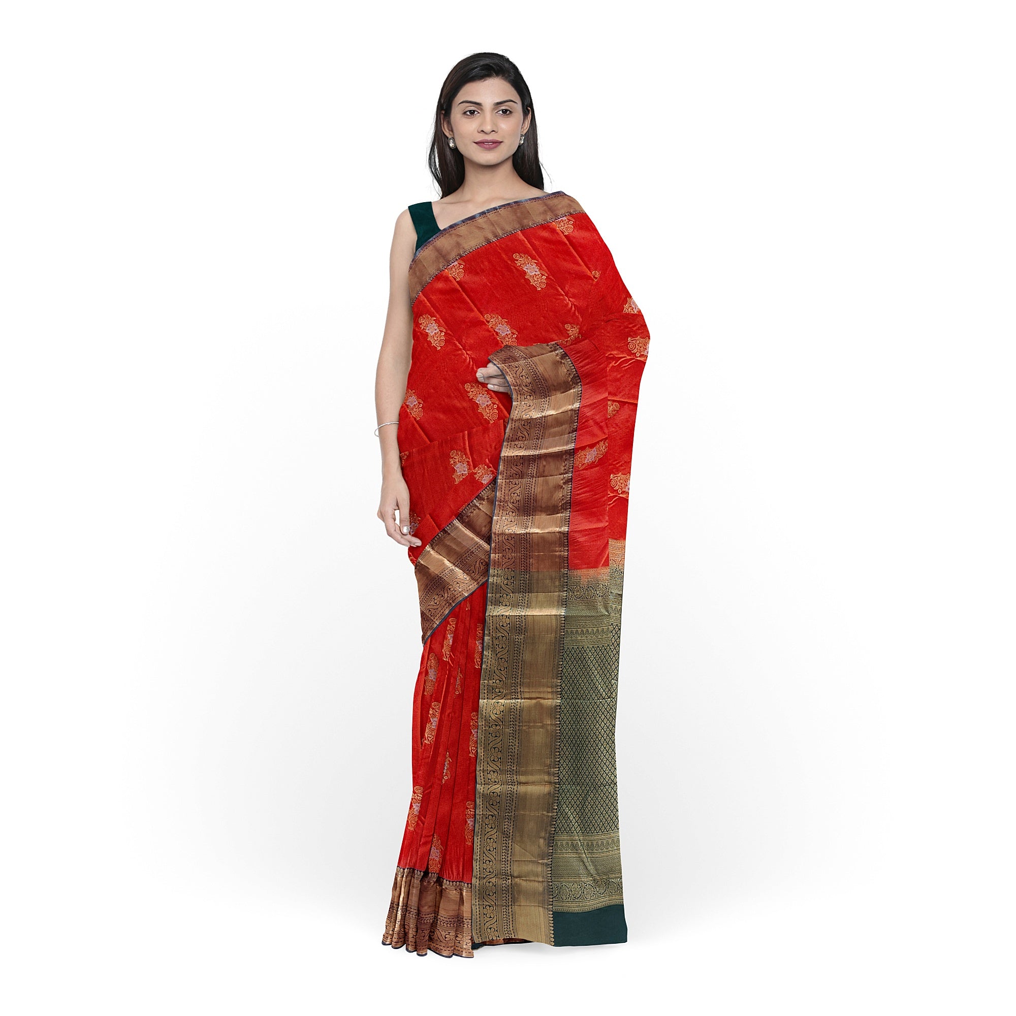 Orange Semi Kanchi Silk Saree with Green Border – A Classic Traditional Delight - New Sudarshan Silks`