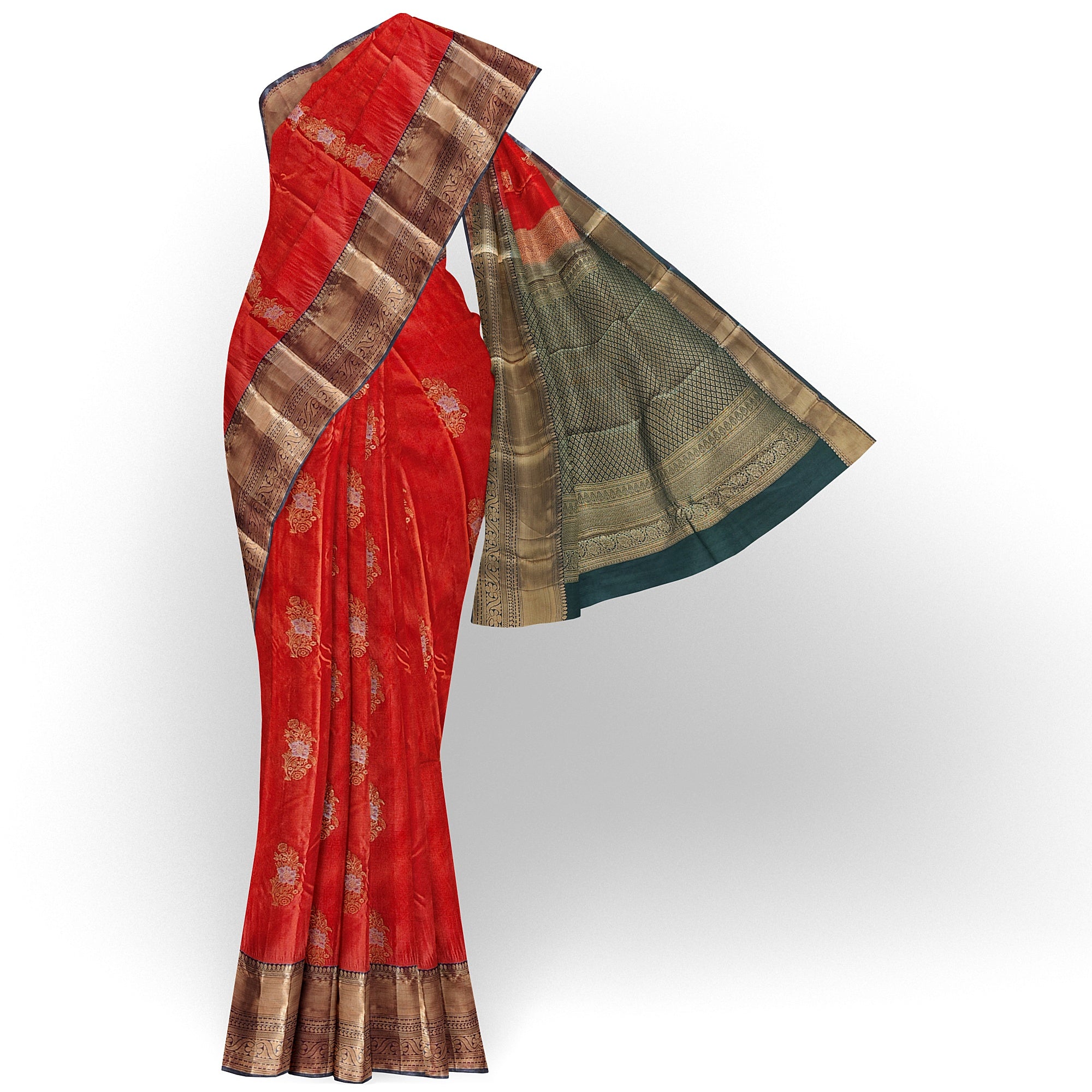 Orange Semi Kanchi Silk Saree with Green Border – A Classic Traditional Delight - New Sudarshan Silks`