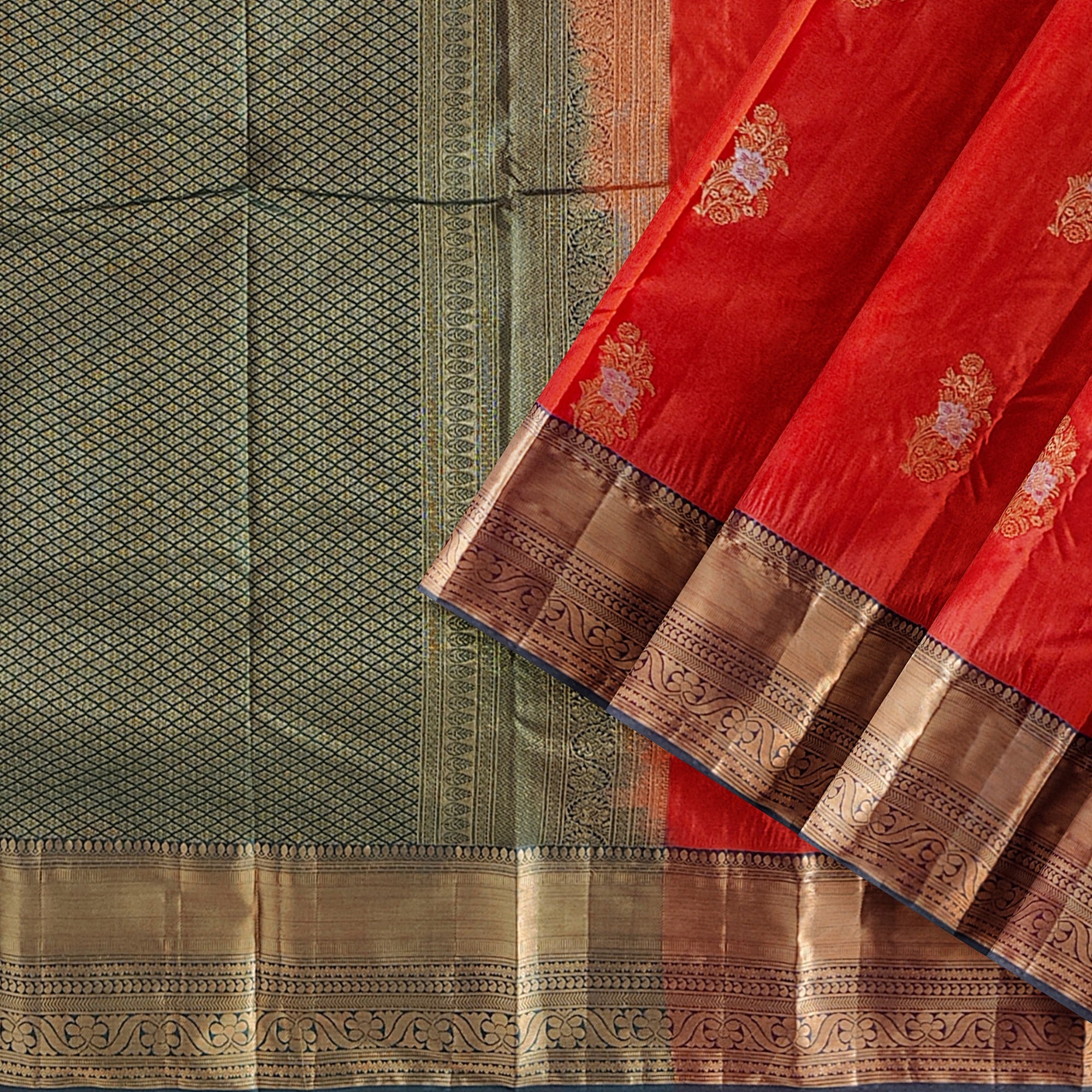 Orange Semi Kanchi Silk Saree with Green Border – A Classic Traditional Delight - New Sudarshan Silks`