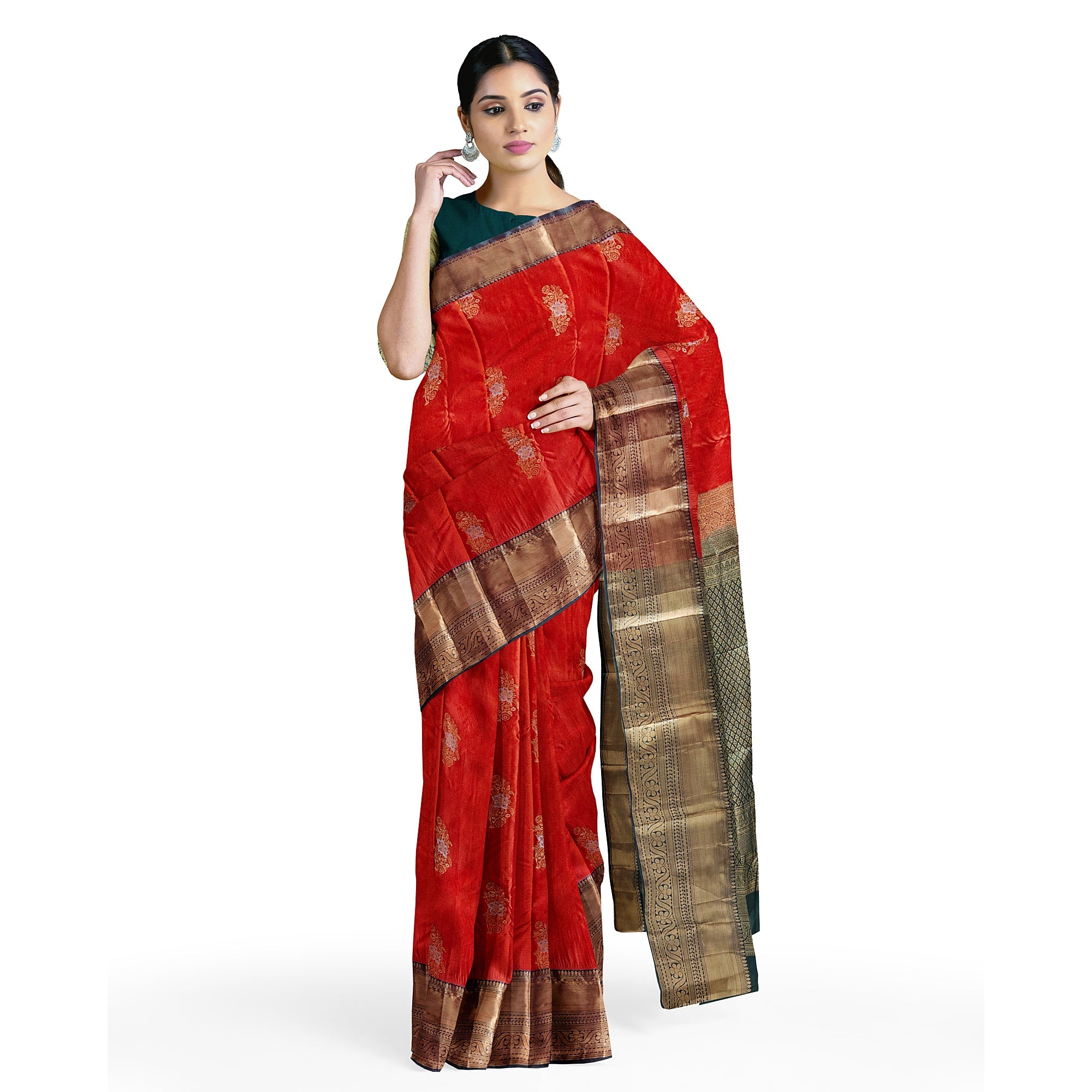 Orange Semi Kanchi Silk Saree with Green Border – A Classic Traditional Delight - New Sudarshan Silks`