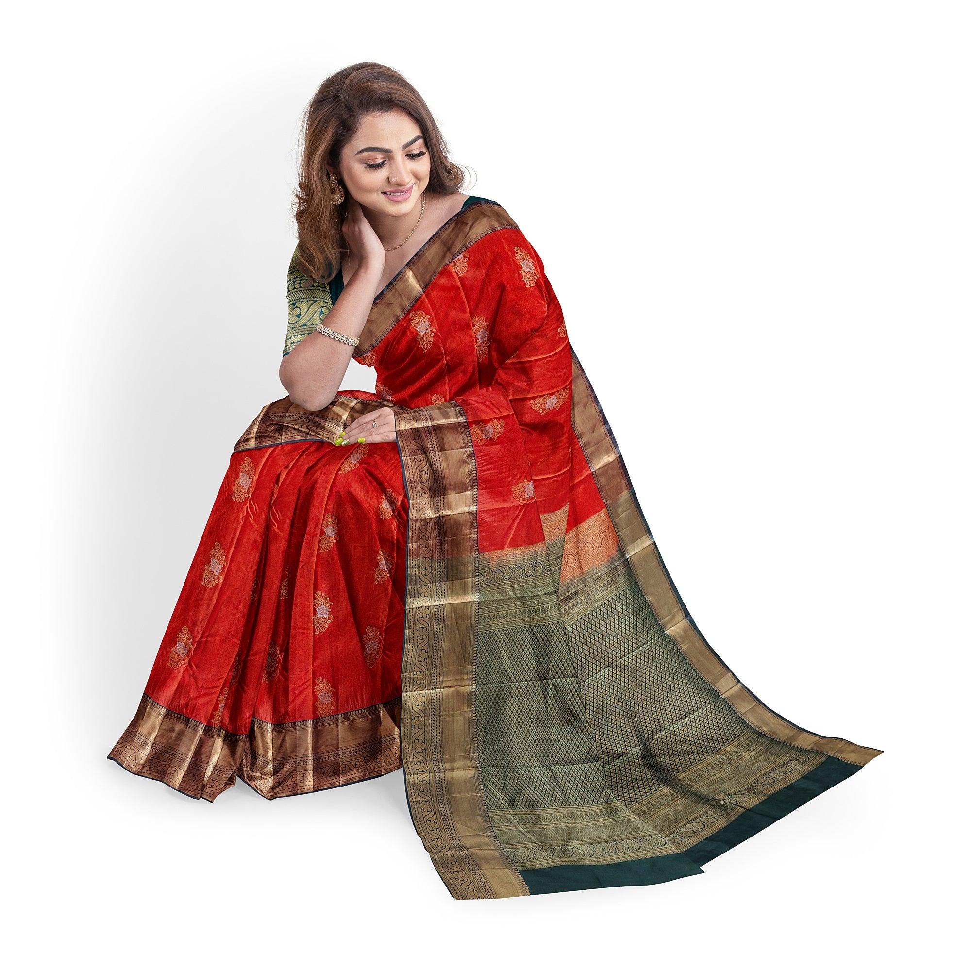 Orange Semi Kanchi Silk Saree with Green Border – A Classic Traditional Delight - New Sudarshan Silks`