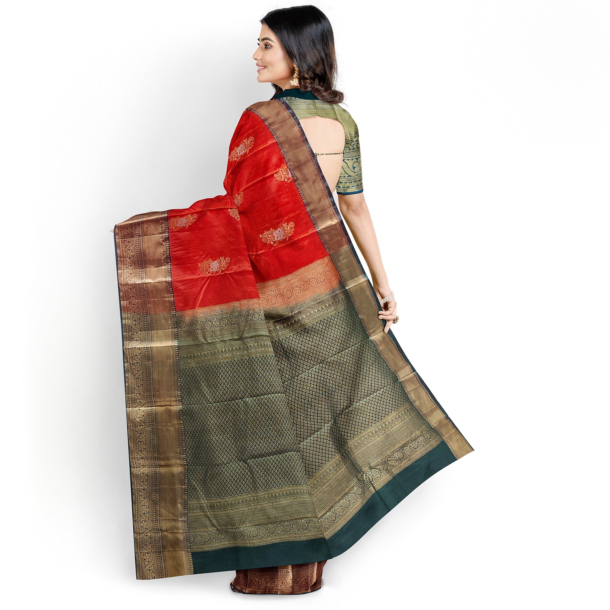Orange Semi Kanchi Silk Saree with Green Border – A Classic Traditional Delight - New Sudarshan Silks`
