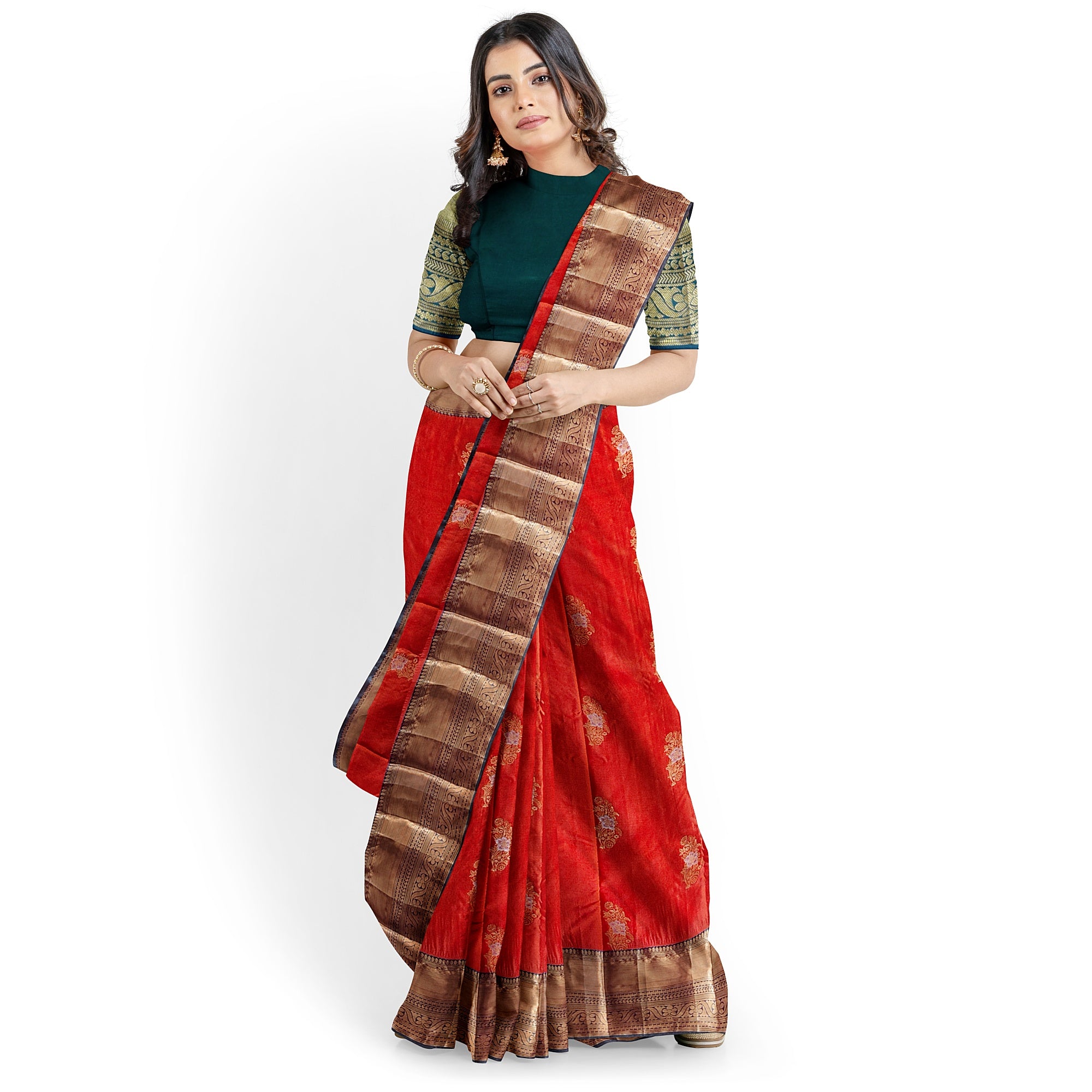 Orange Semi Kanchi Silk Saree with Green Border – A Classic Traditional Delight - New Sudarshan Silks`