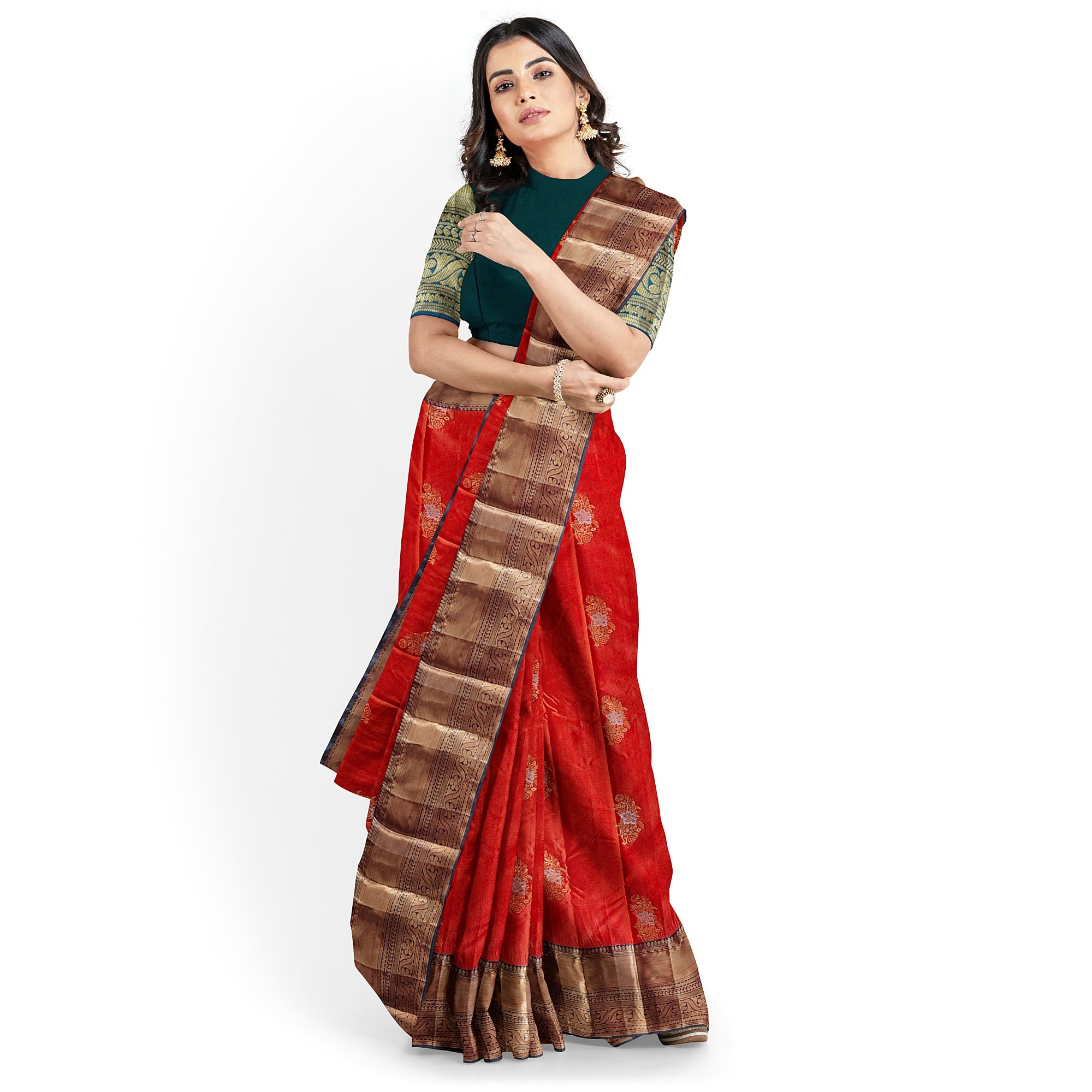 Orange Semi Kanchi Silk Saree with Green Border – A Classic Traditional Delight - New Sudarshan Silks`