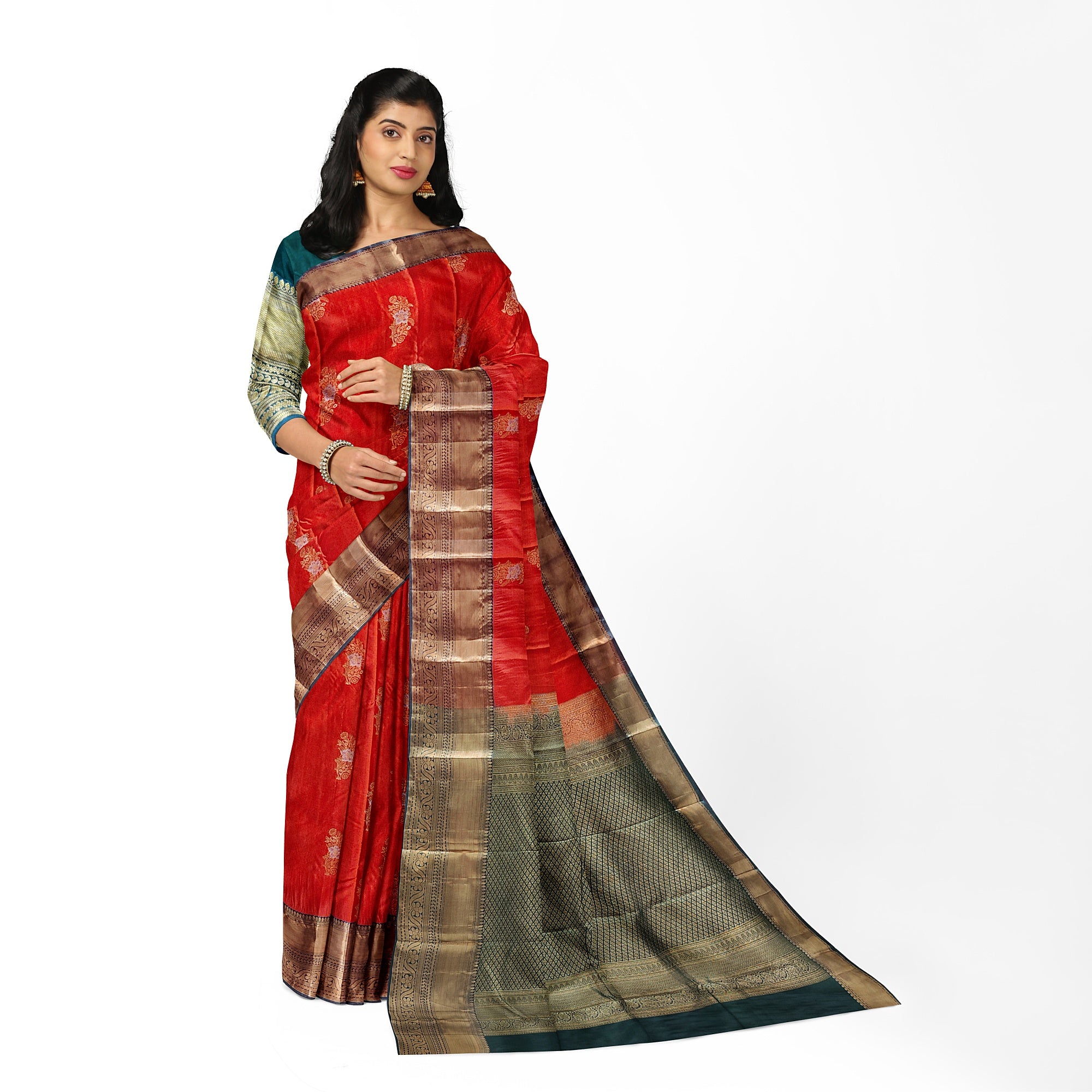 Orange Semi Kanchi Silk Saree with Green Border – A Classic Traditional Delight - New Sudarshan Silks`