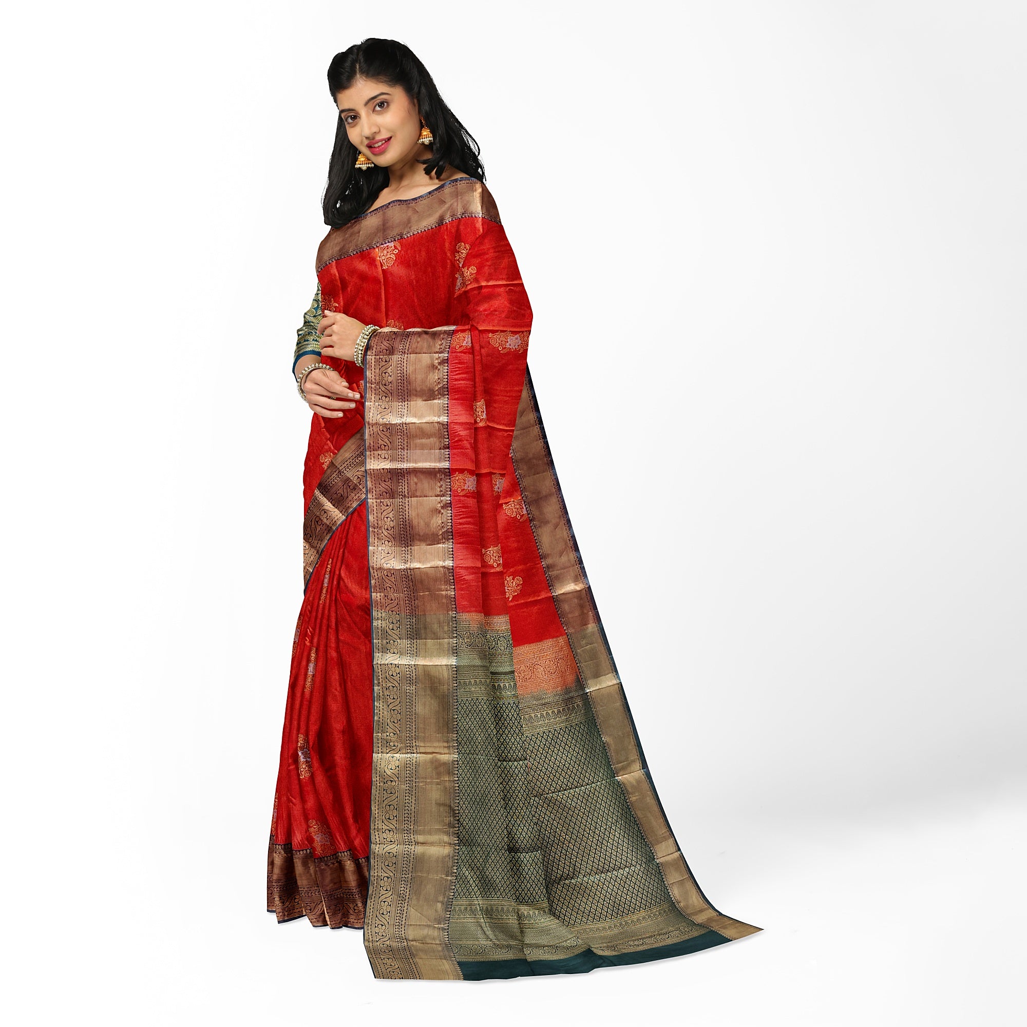 Orange Semi Kanchi Silk Saree with Green Border – A Classic Traditional Delight - New Sudarshan Silks`