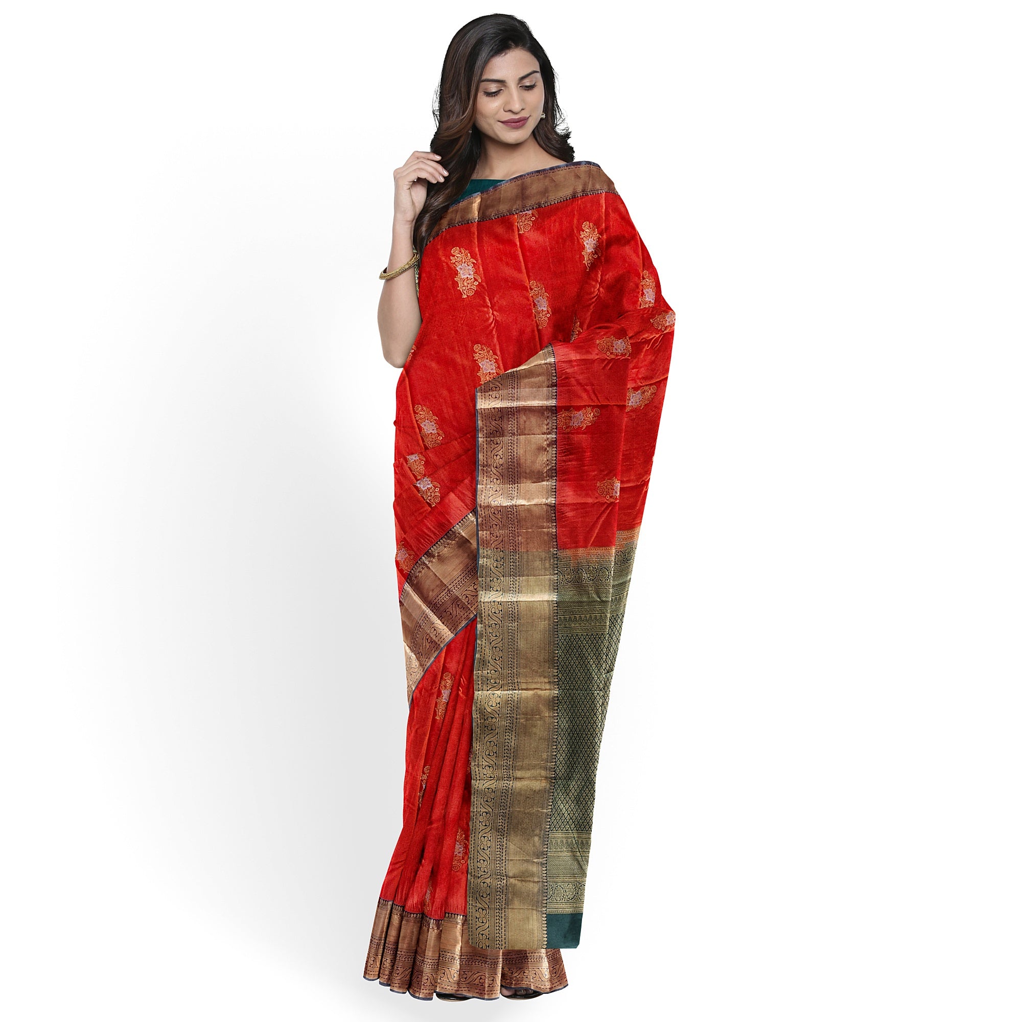 Orange Semi Kanchi Silk Saree with Green Border – A Classic Traditional Delight - New Sudarshan Silks`