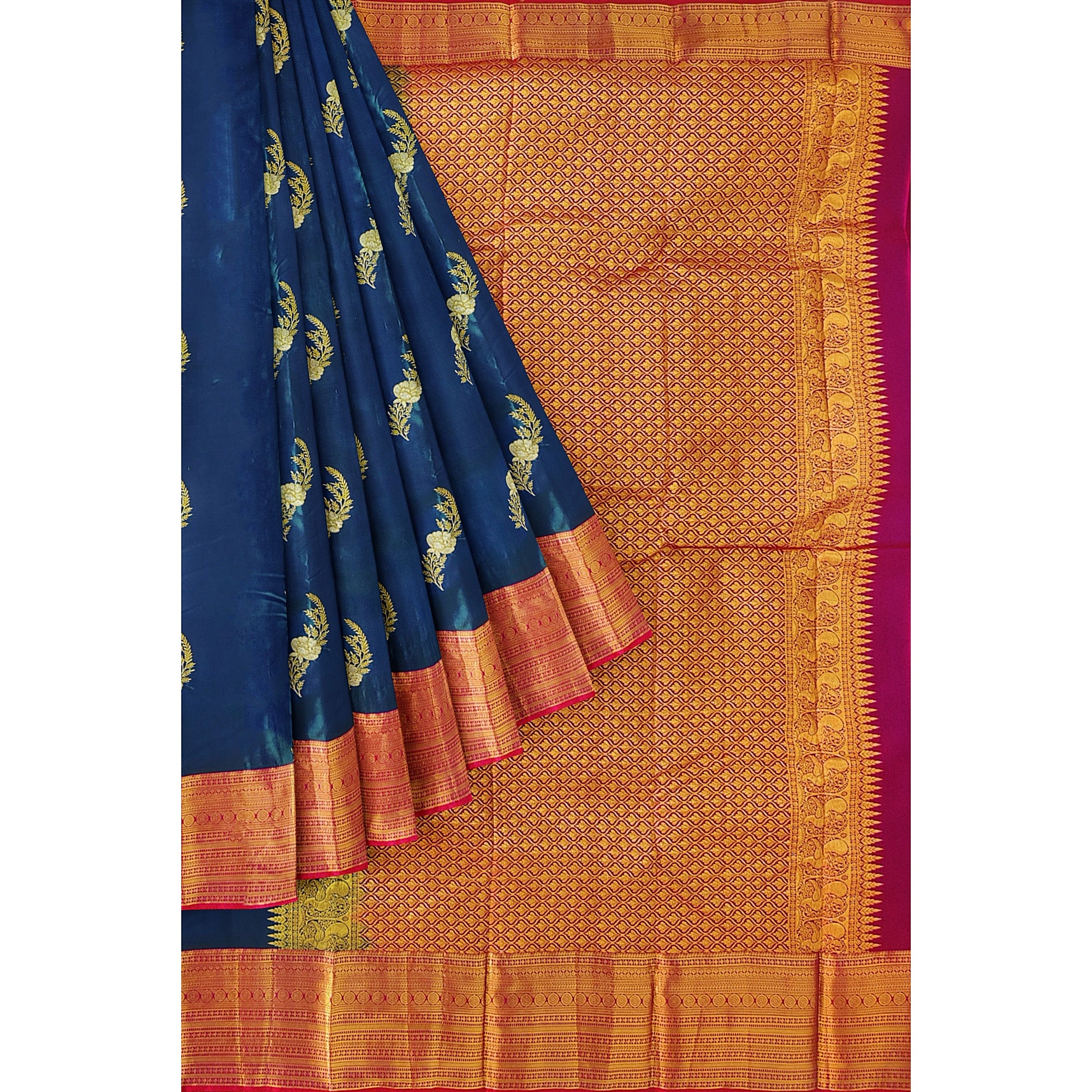 Peacock Blue Saree with Red Border – Traditional Elegance in a Grand Silken Drape - New Sudarshan Silks`