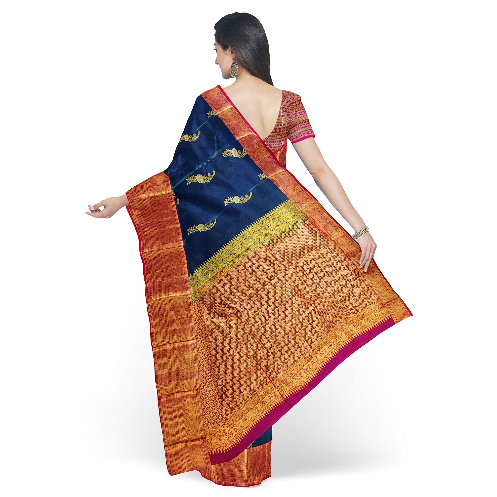 Peacock Blue Saree with Red Border – Traditional Elegance in a Grand Silken Drape - New Sudarshan Silks`