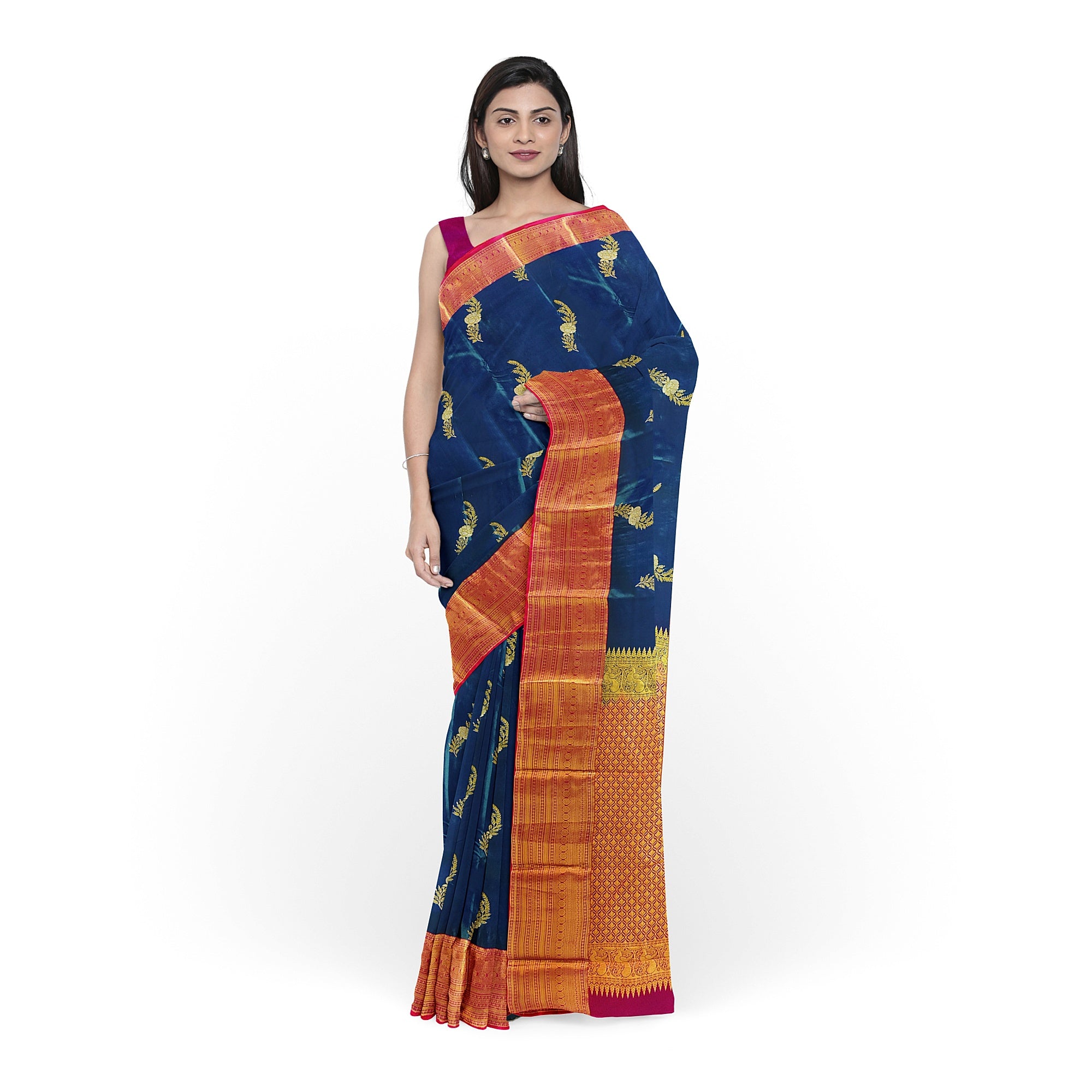 Peacock Blue Saree with Red Border – Traditional Elegance in a Grand Silken Drape - New Sudarshan Silks`
