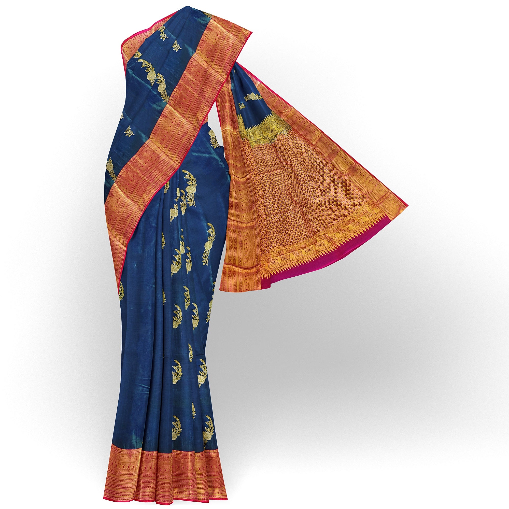 Peacock Blue Saree with Red Border – Traditional Elegance in a Grand Silken Drape - New Sudarshan Silks`