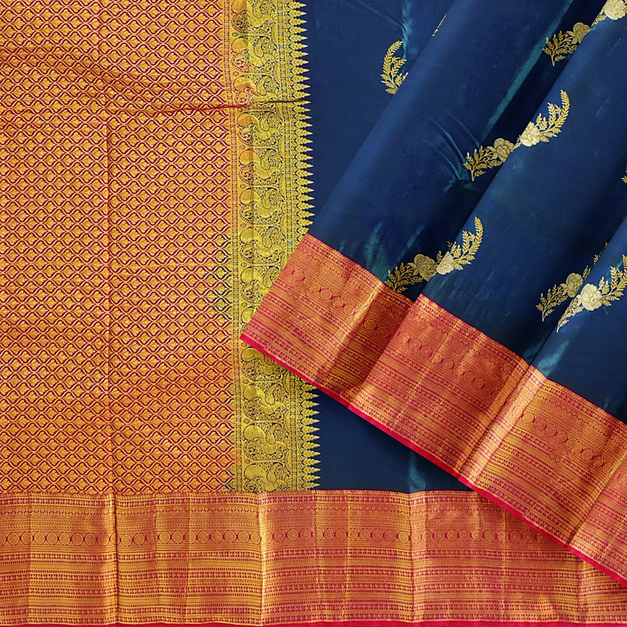 Peacock Blue Saree with Red Border – Traditional Elegance in a Grand Silken Drape - New Sudarshan Silks`