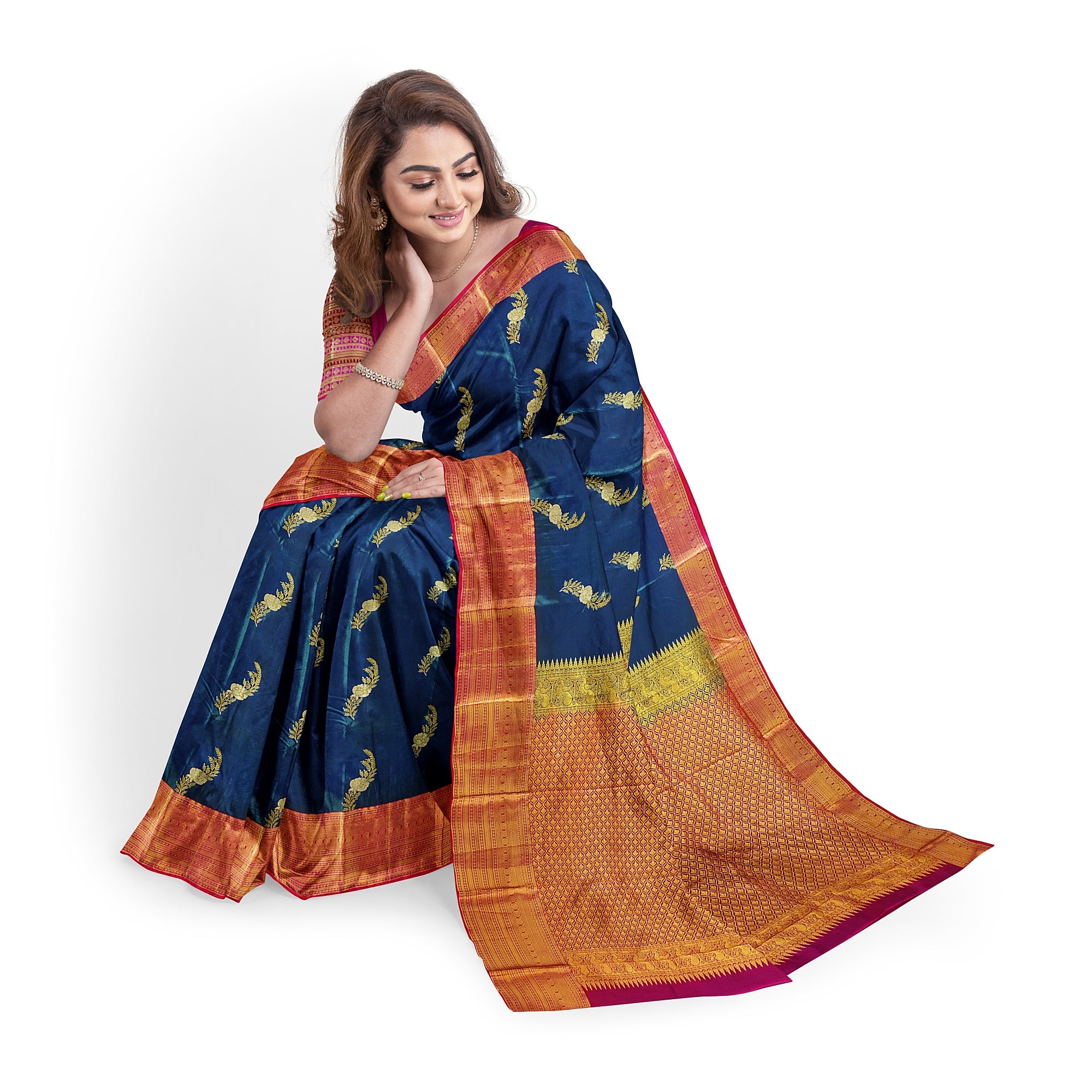 Peacock Blue Saree with Red Border – Traditional Elegance in a Grand Silken Drape - New Sudarshan Silks`