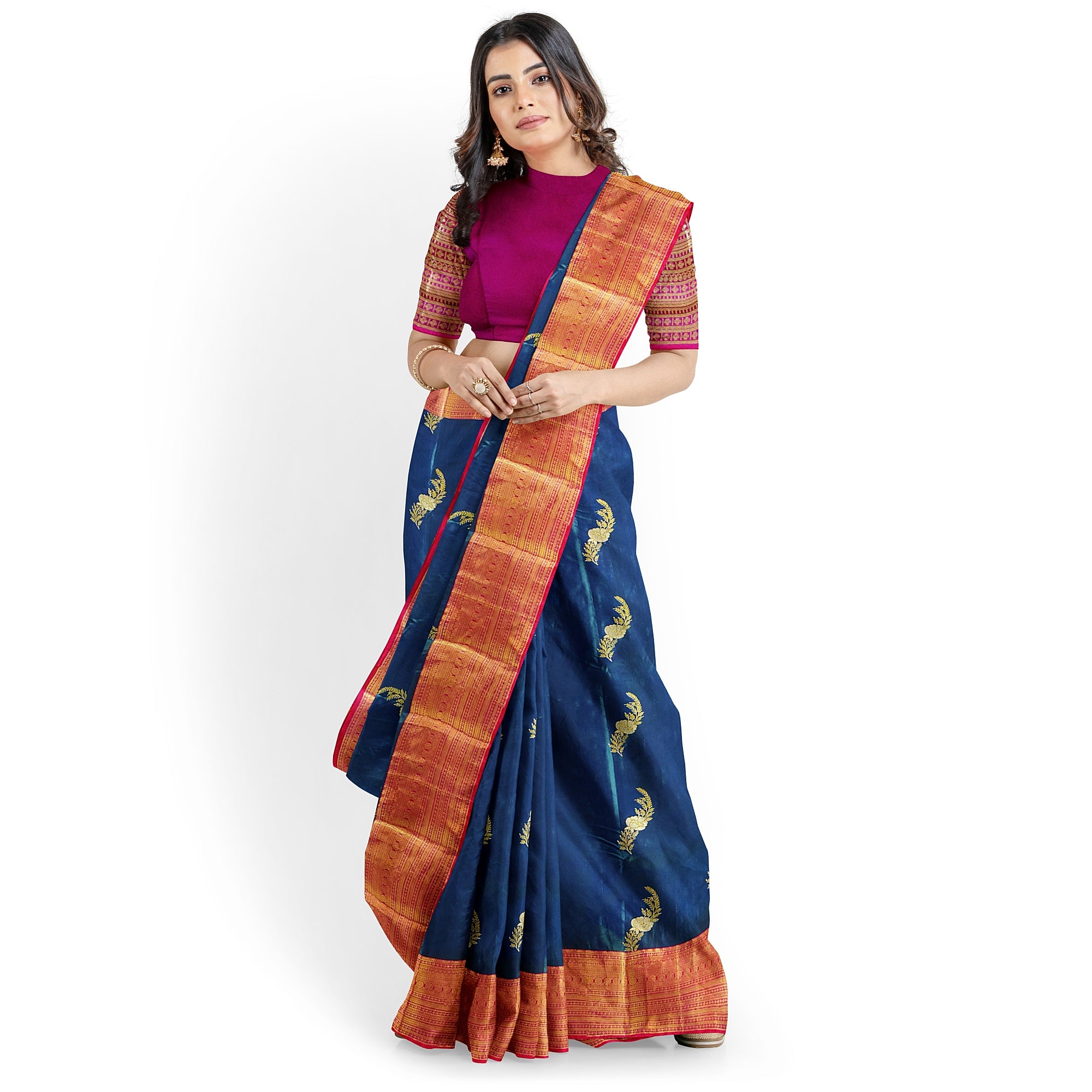 Peacock Blue Saree with Red Border – Traditional Elegance in a Grand Silken Drape - New Sudarshan Silks`