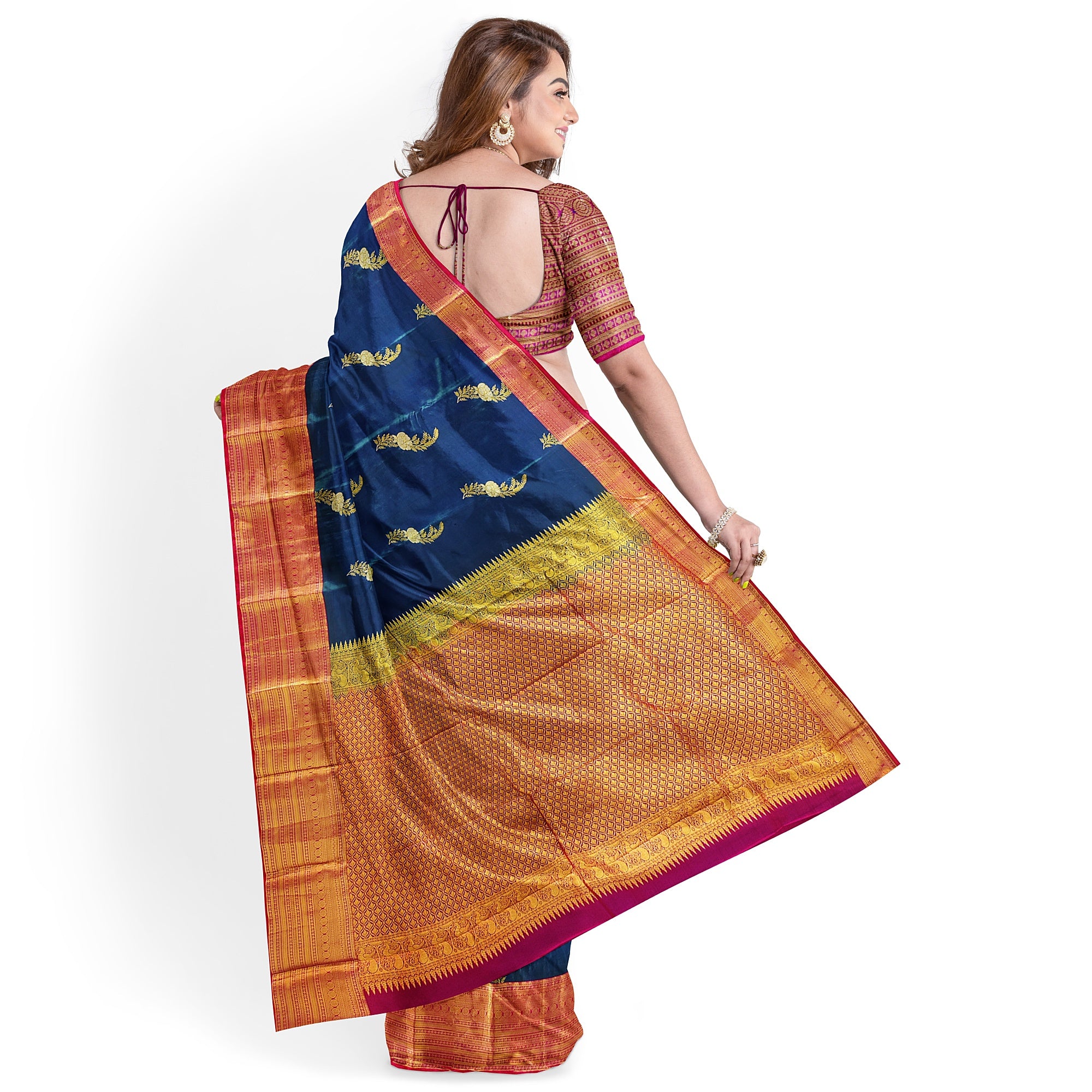 Peacock Blue Saree with Red Border – Traditional Elegance in a Grand Silken Drape - New Sudarshan Silks`