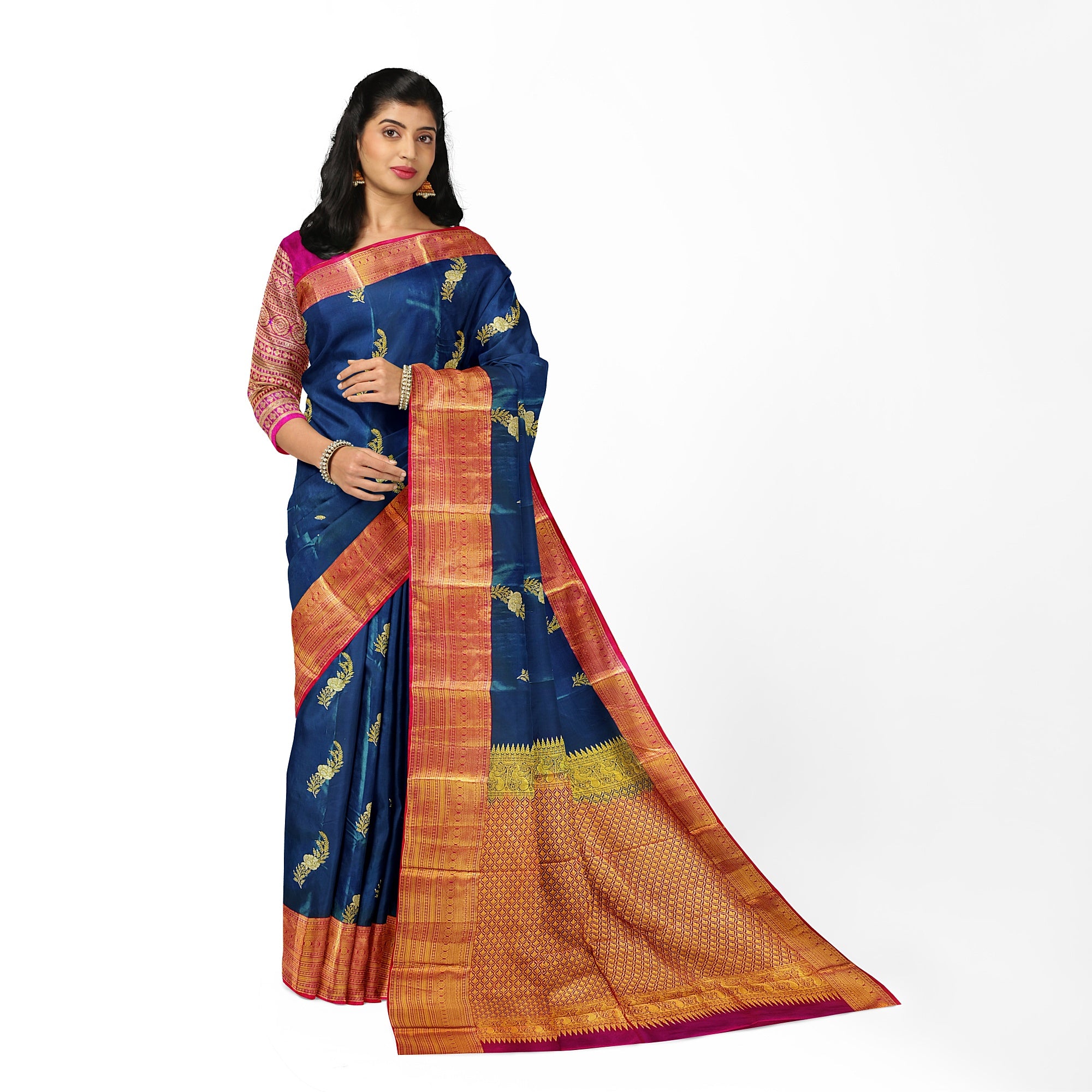 Peacock Blue Saree with Red Border – Traditional Elegance in a Grand Silken Drape - New Sudarshan Silks`