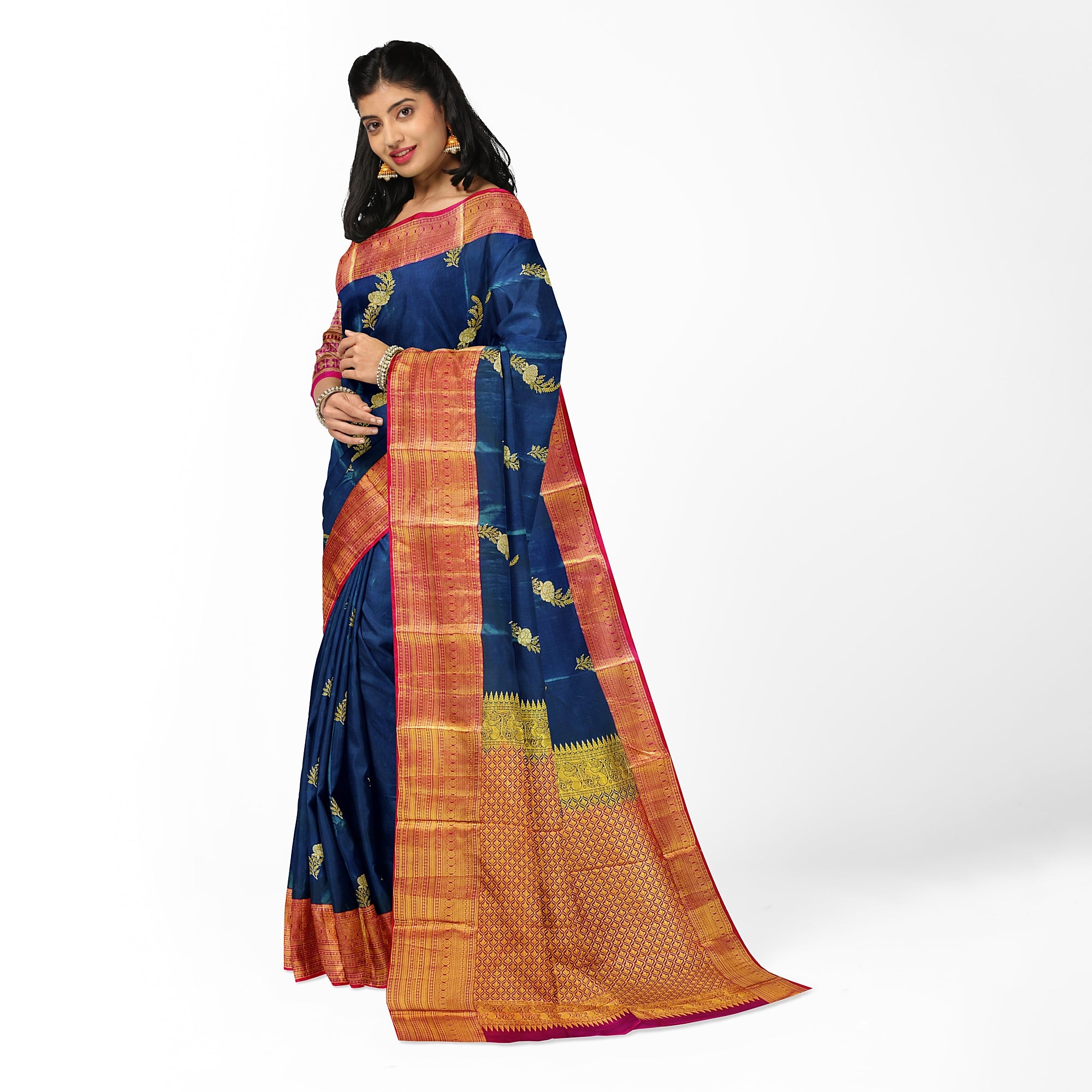 Peacock Blue Saree with Red Border – Traditional Elegance in a Grand Silken Drape - New Sudarshan Silks`