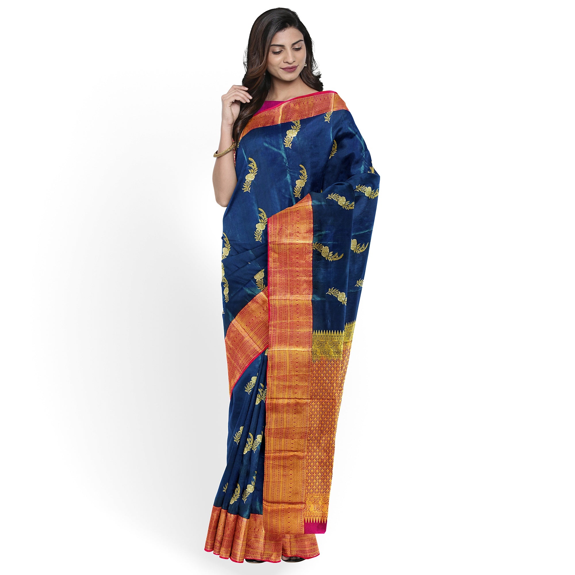 Peacock Blue Saree with Red Border – Traditional Elegance in a Grand Silken Drape - New Sudarshan Silks`