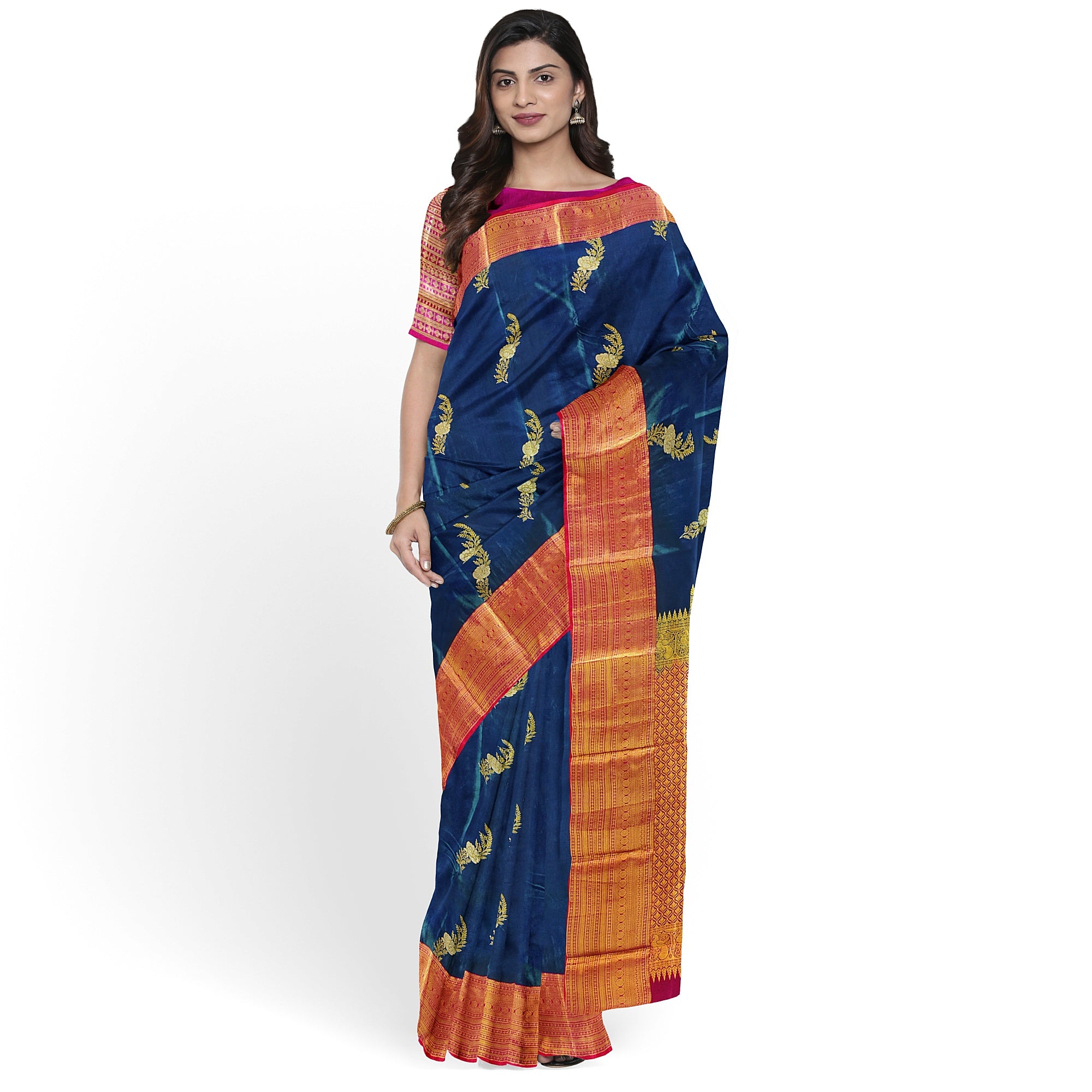 Peacock Blue Saree with Red Border – Traditional Elegance in a Grand Silken Drape - New Sudarshan Silks`