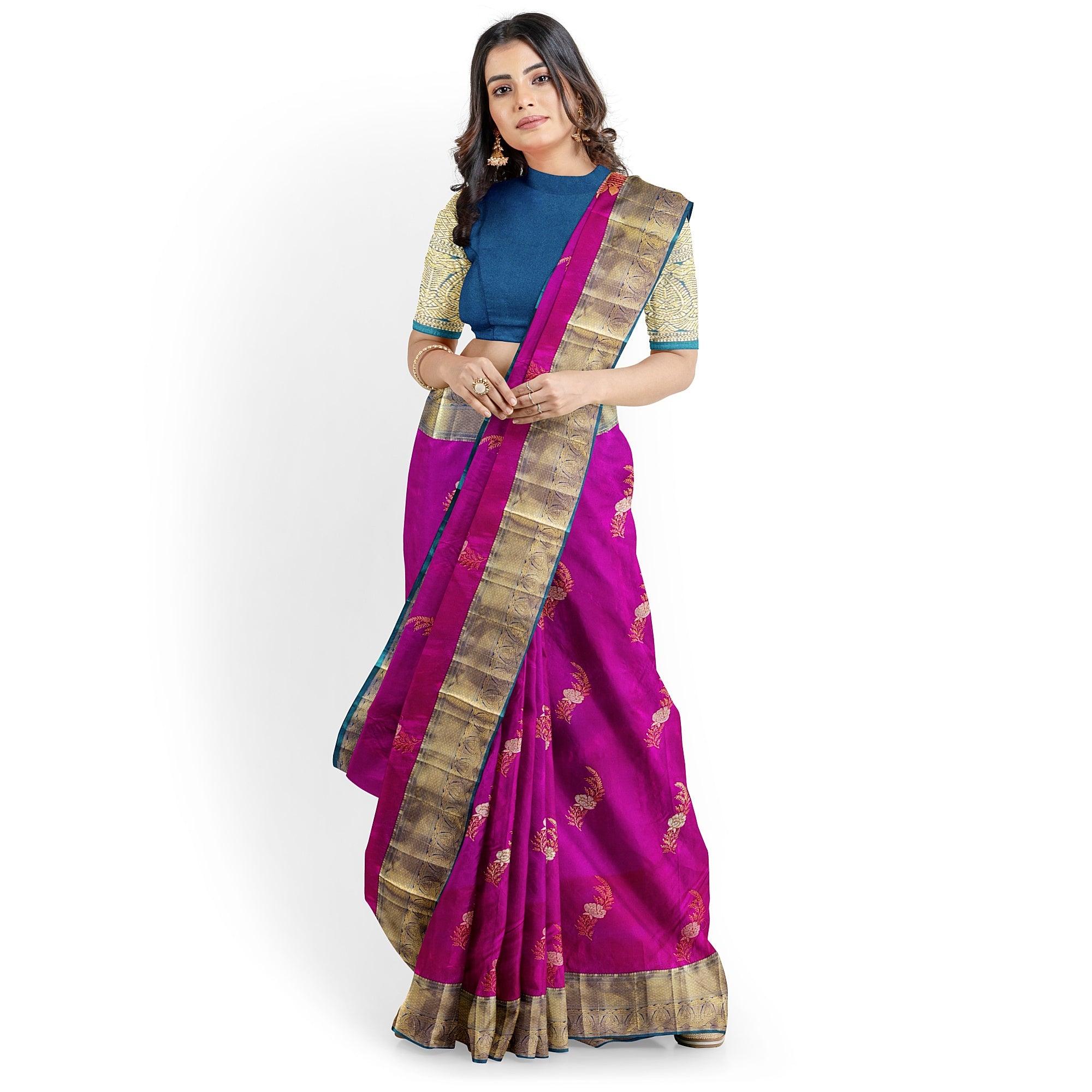 Pink Semi Kanchi Silk Saree with Green Border – A Blend of Grace and Heritage - New Sudarshan Silks`