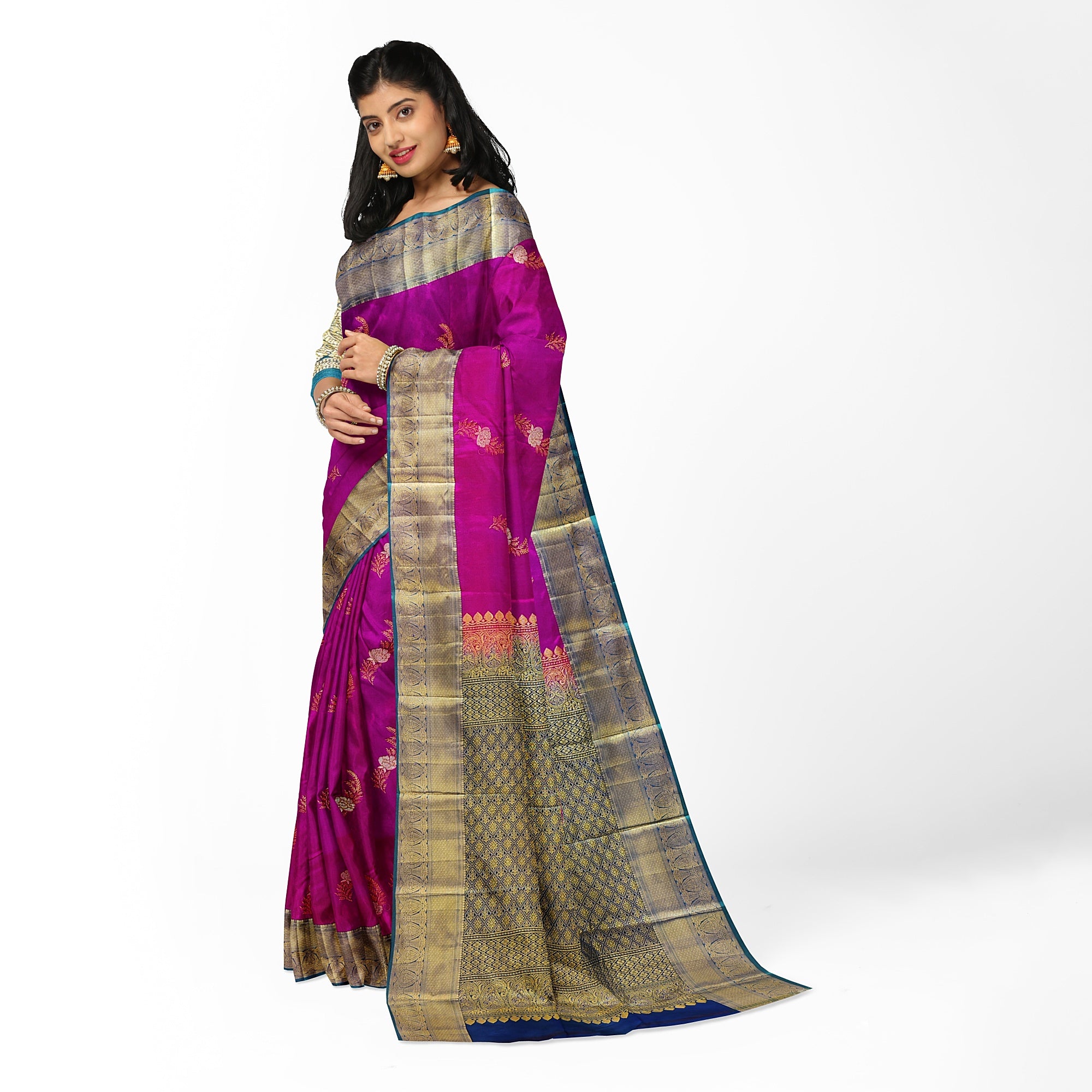 Pink Semi Kanchi Silk Saree with Green Border – A Blend of Grace and Heritage - New Sudarshan Silks`